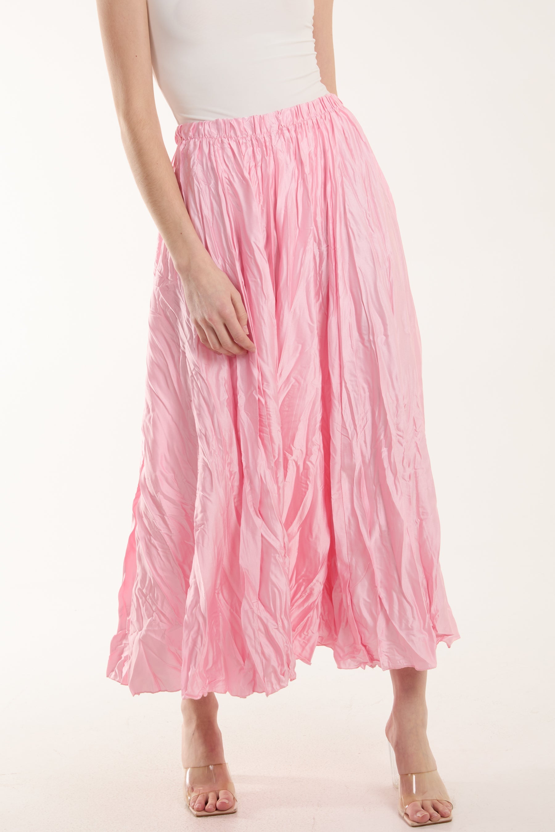 Crinkle Satin Midi Skirt Skirts WearAll Pink One Size