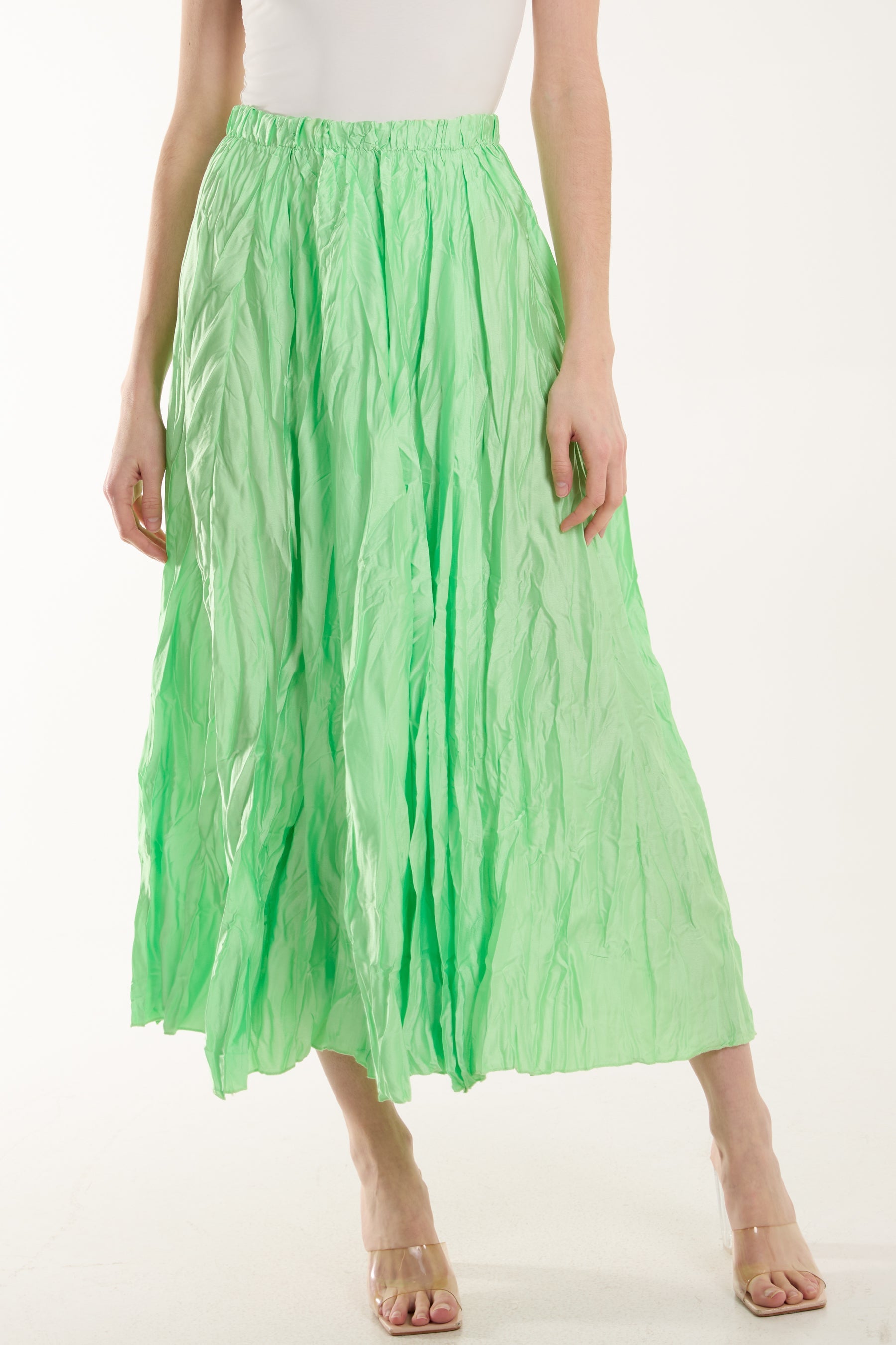 Crinkle Satin Midi Skirt Skirts WearAll Apple Green One Size