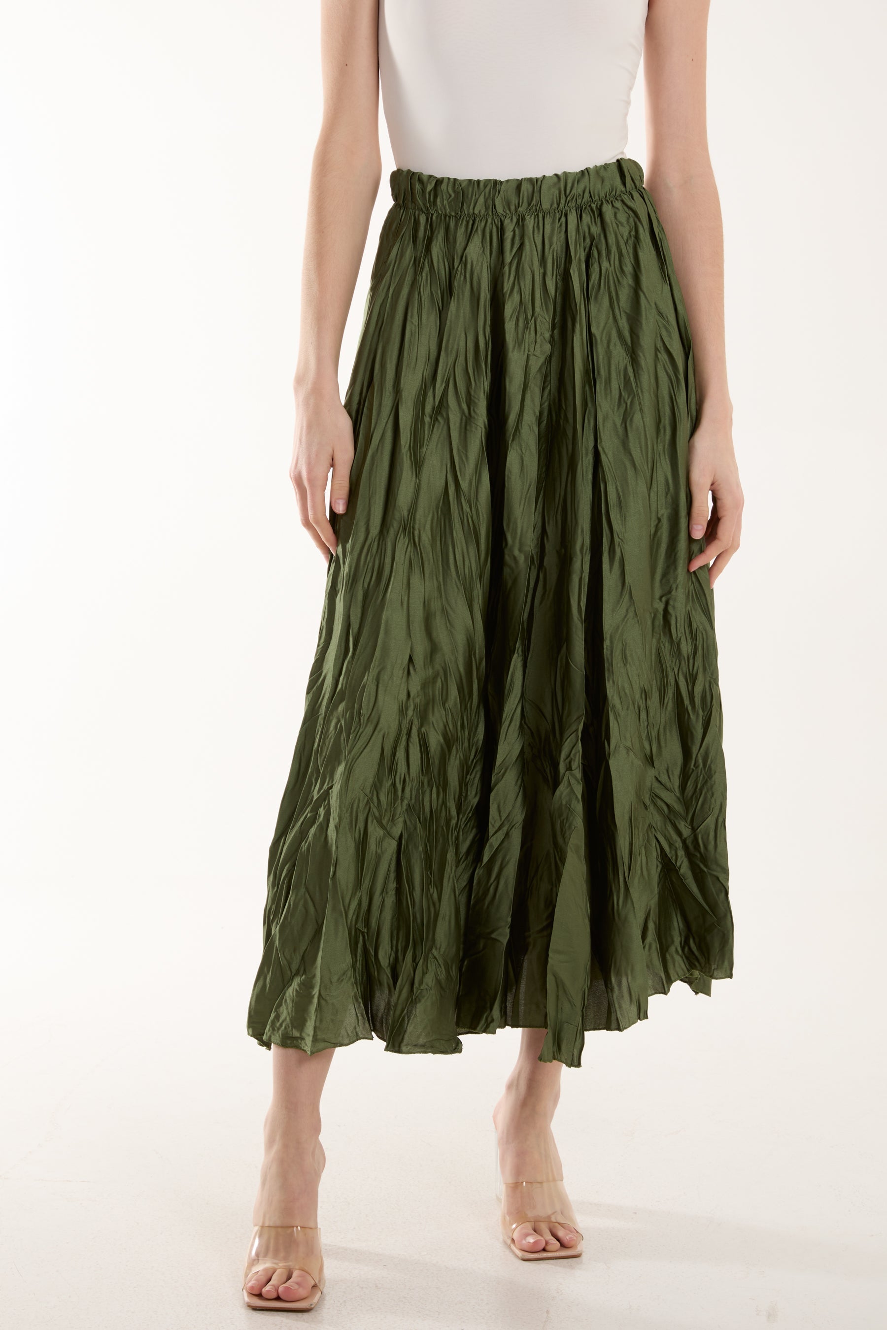 Crinkle Satin Midi Skirt Skirts WearAll Khaki One Size