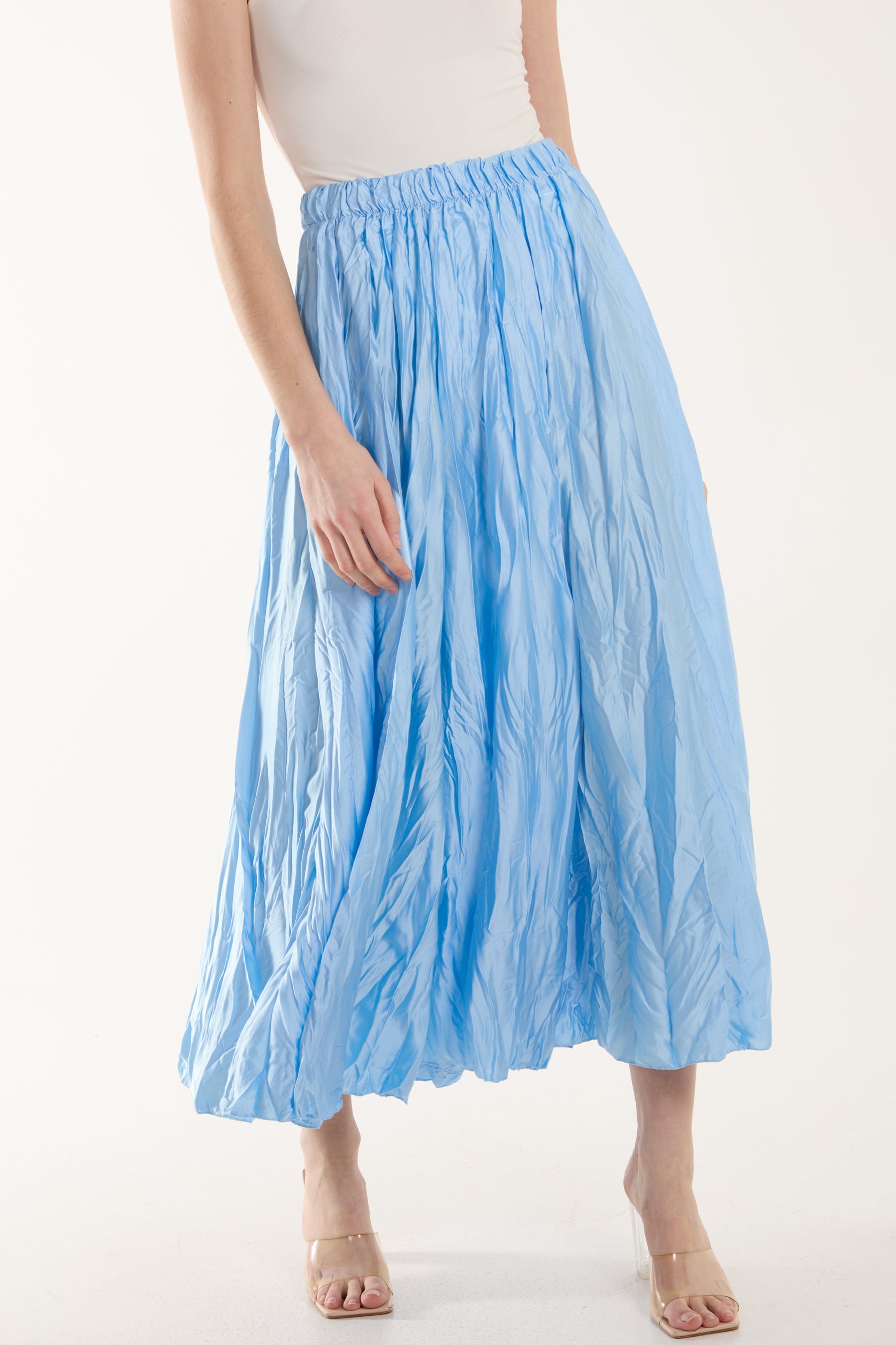 Crinkle Satin Midi Skirt Skirts WearAll Light Blue One Size