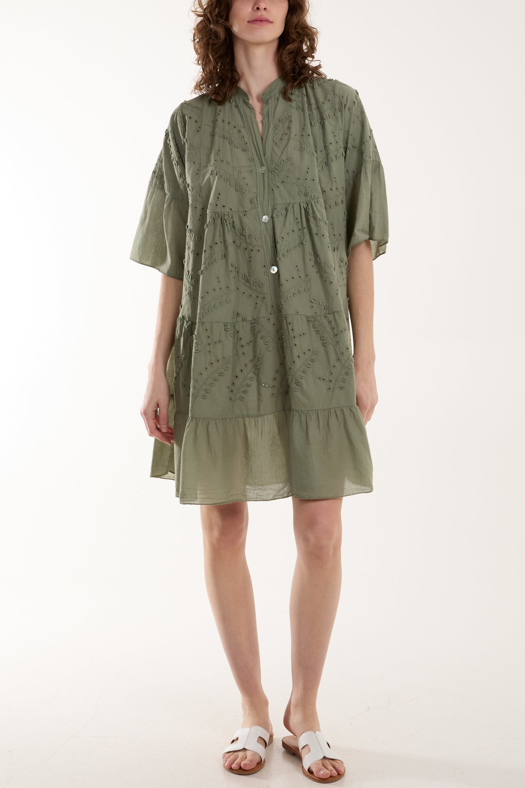 Broderie Anglaise 3D Leaves Smock Dress Dresses WearAll Khaki One Size