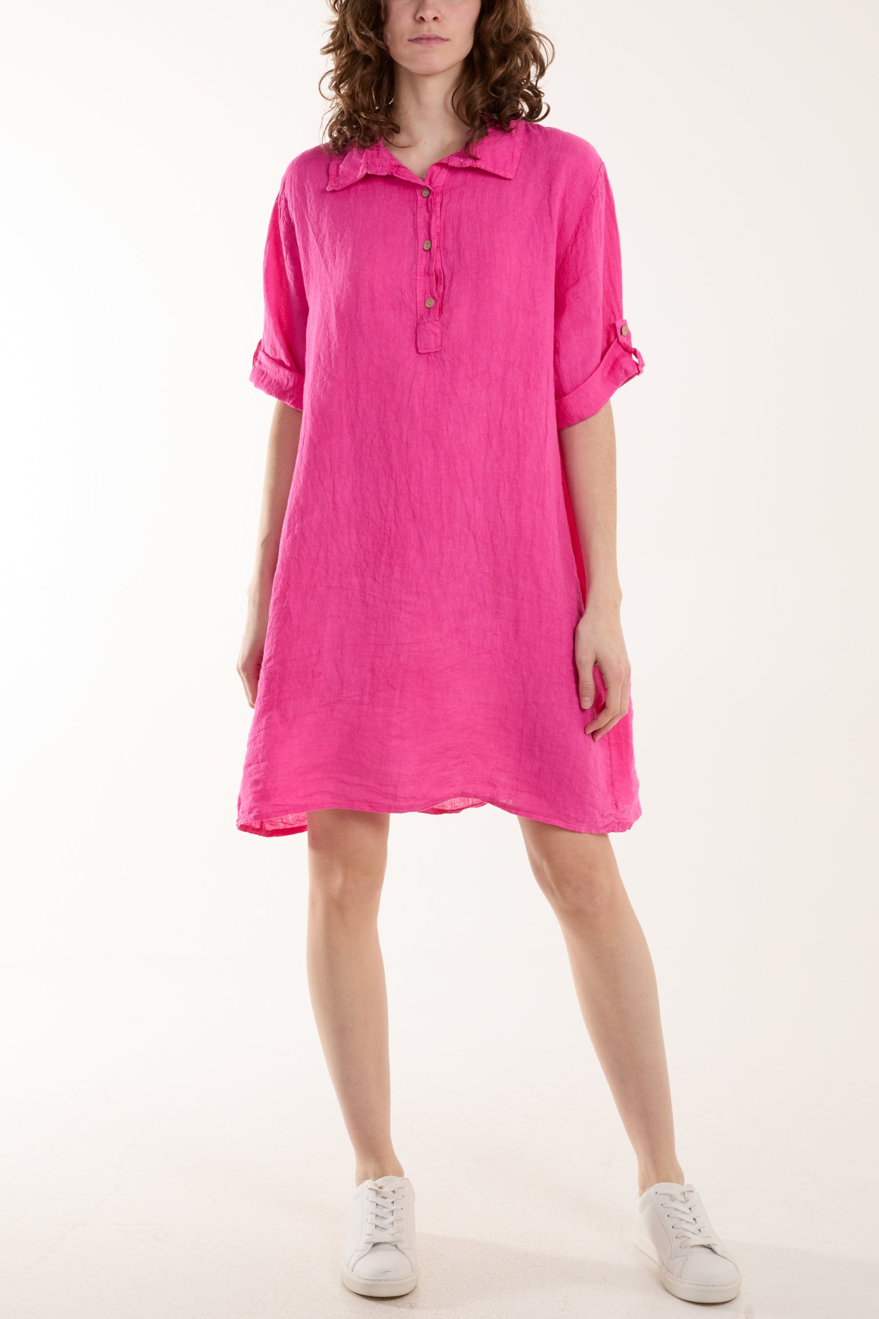 Linen Pocket Shirt Mini Dress Dresses WearAll Fuchsia One Size