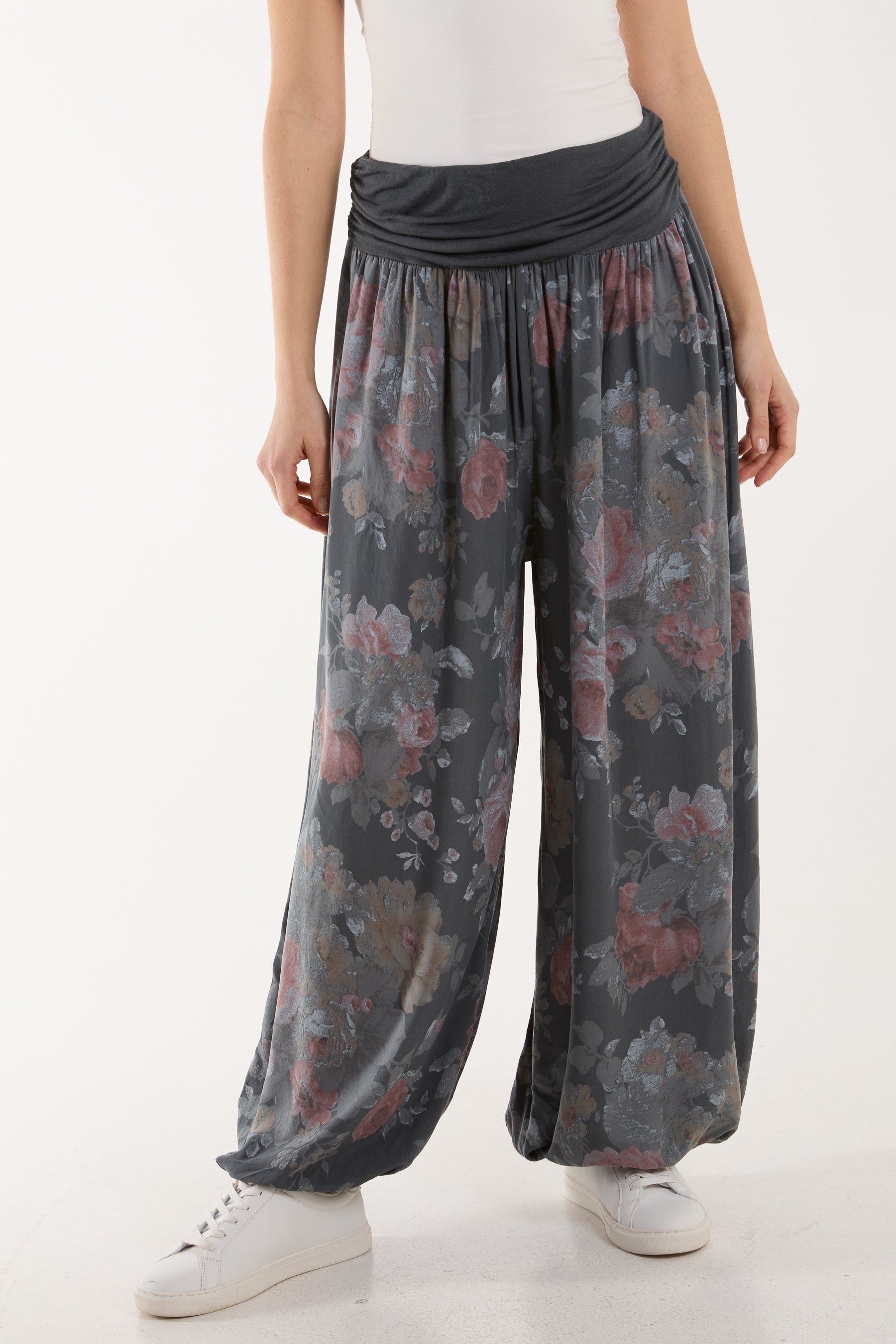 Roses Contrast Waist Harem Trousers Trousers WearAll Charcoal One Size