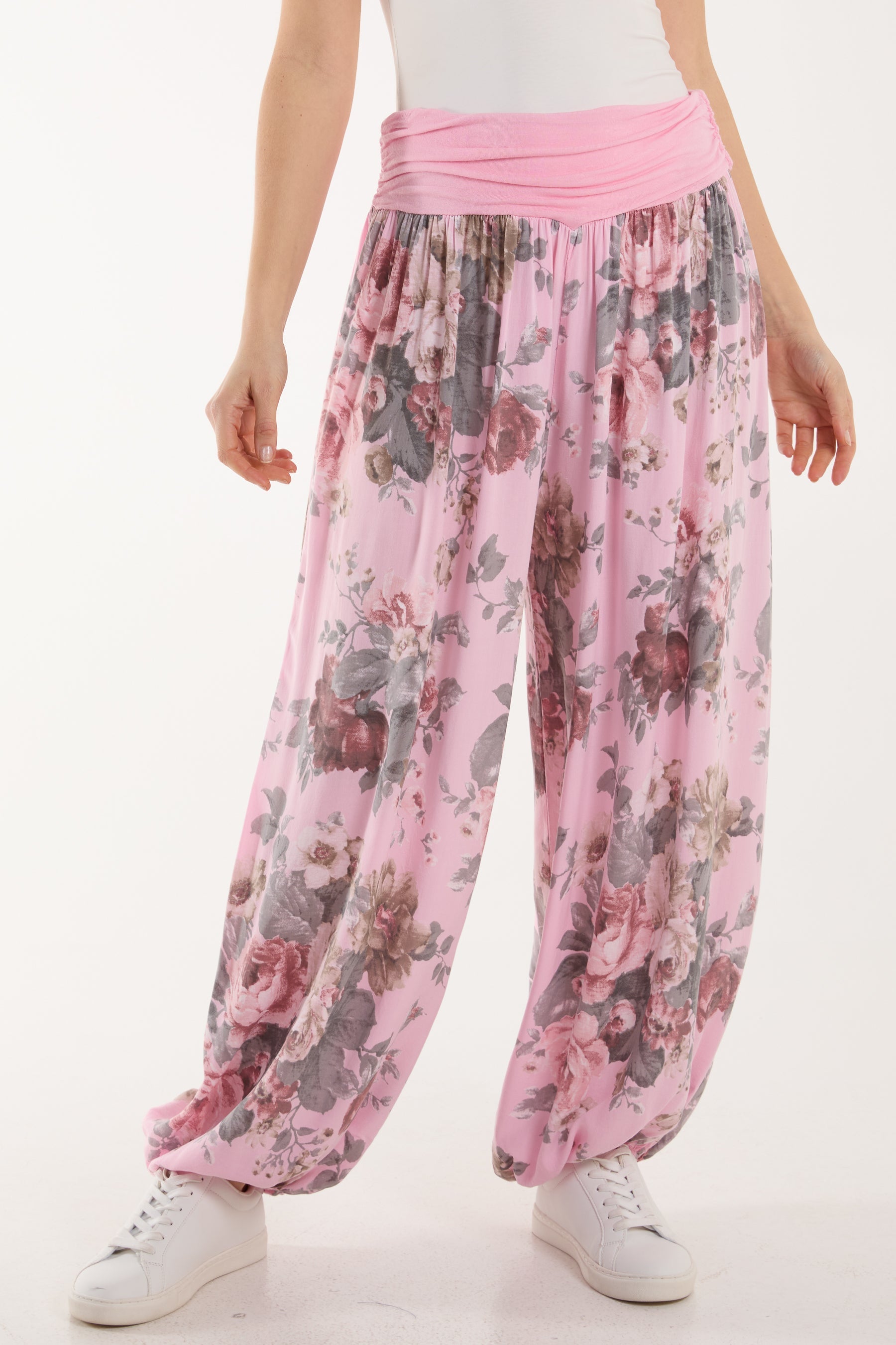 Roses Contrast Waist Harem Trousers Trousers WearAll Pink One Size