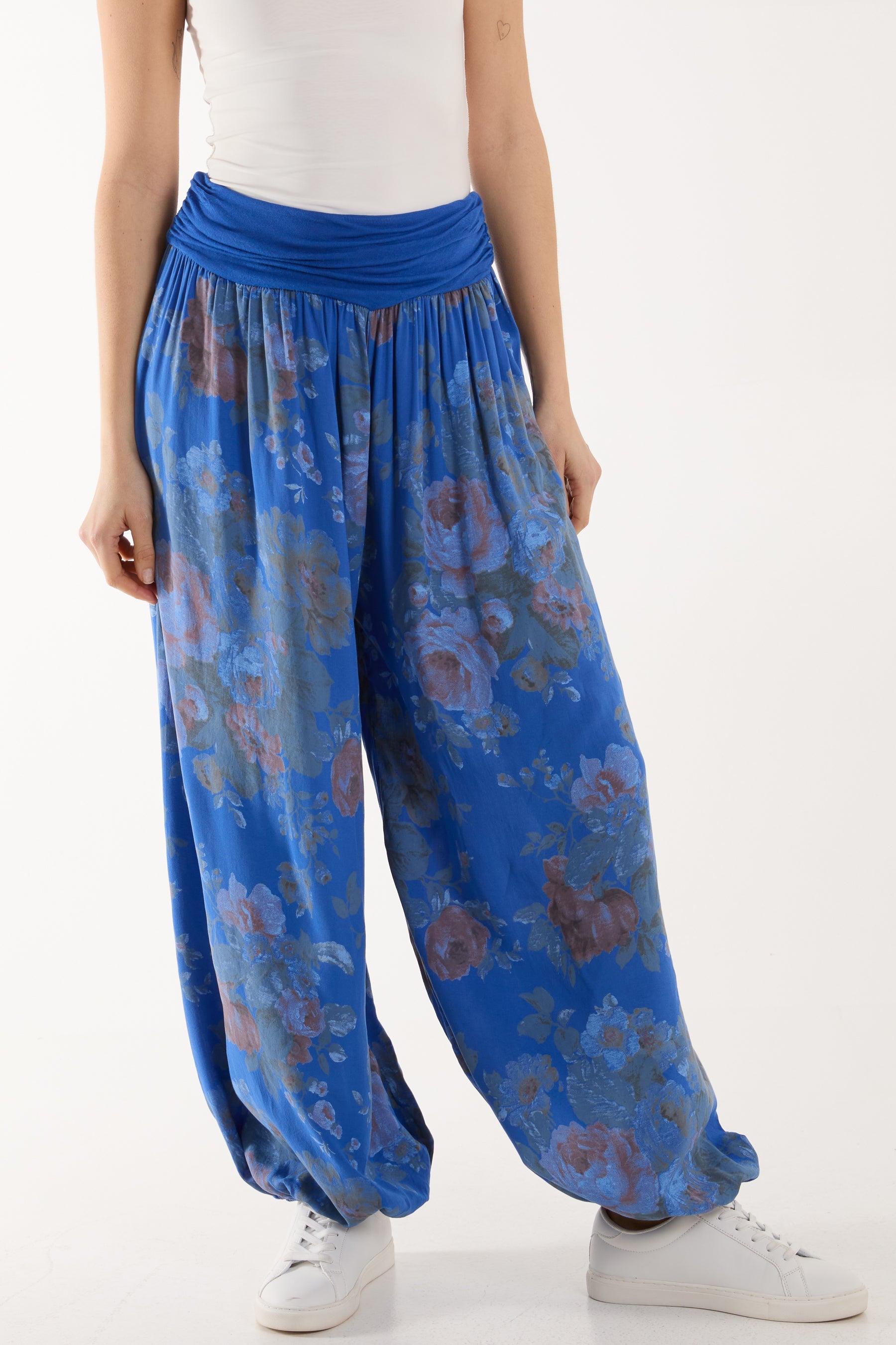 Roses Contrast Waist Harem Trousers Trousers WearAll Royal Blue One Size