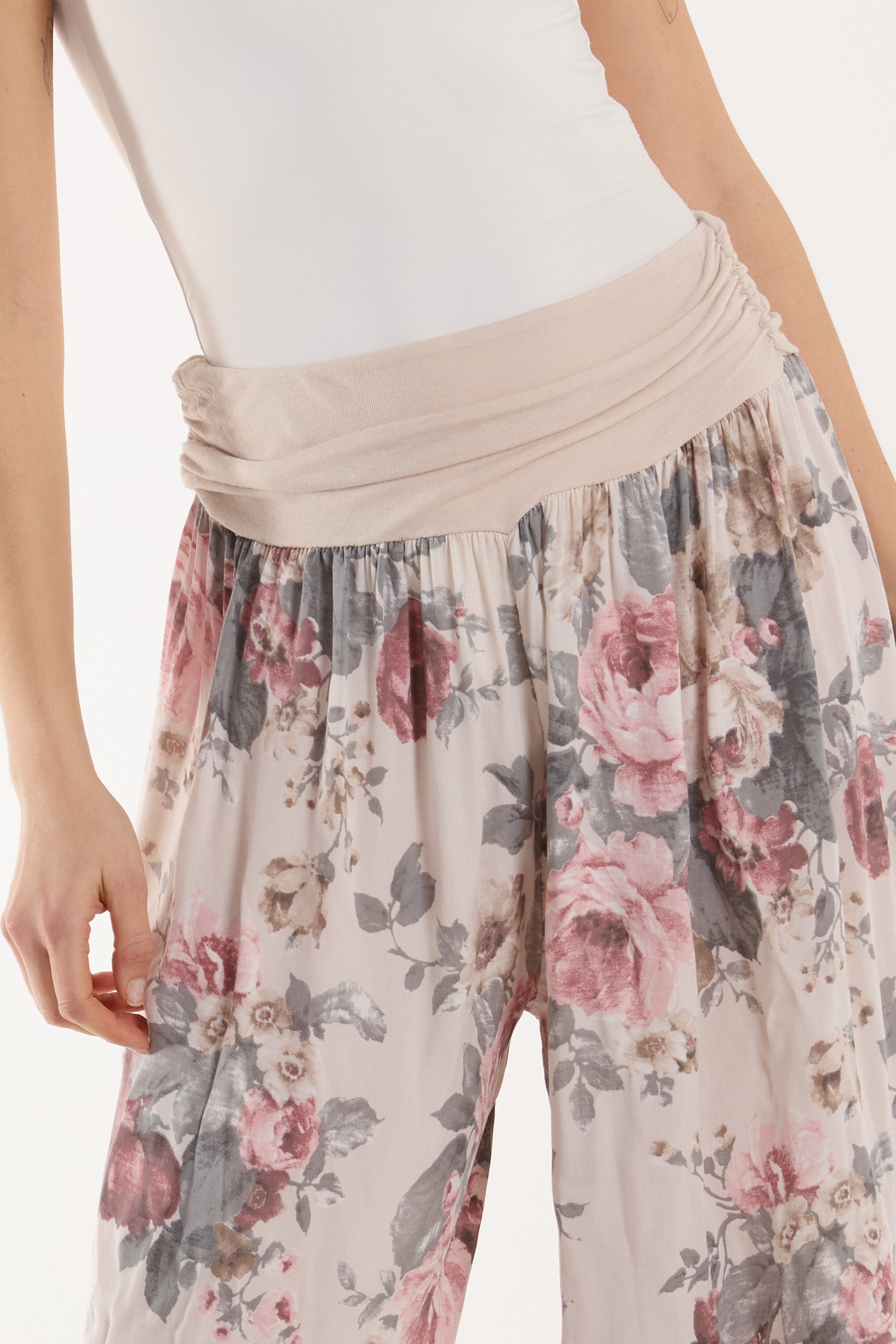 Roses Contrast Waist Harem Trousers Trousers WearAll