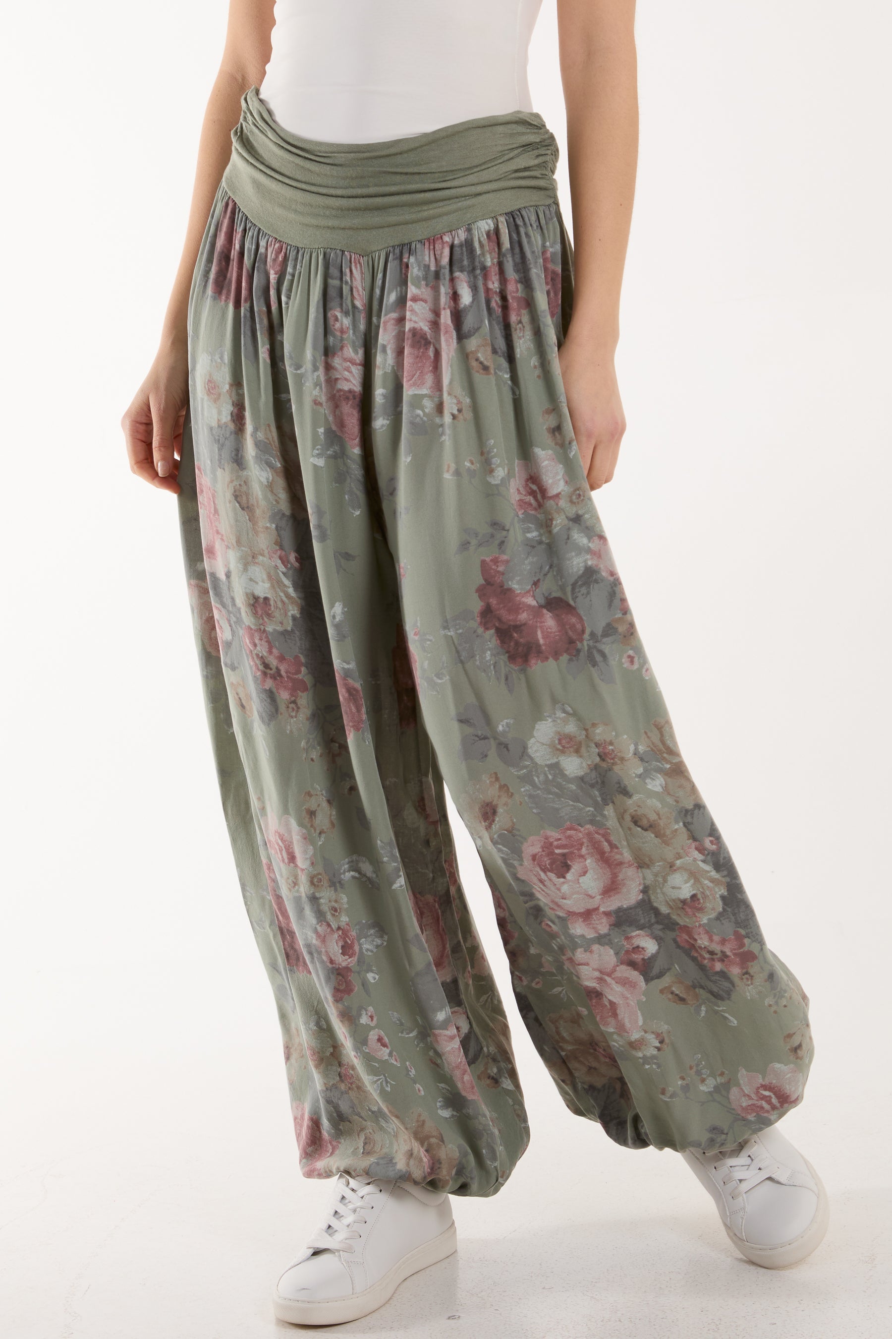 Roses Contrast Waist Harem Trousers Trousers WearAll Khaki One Size