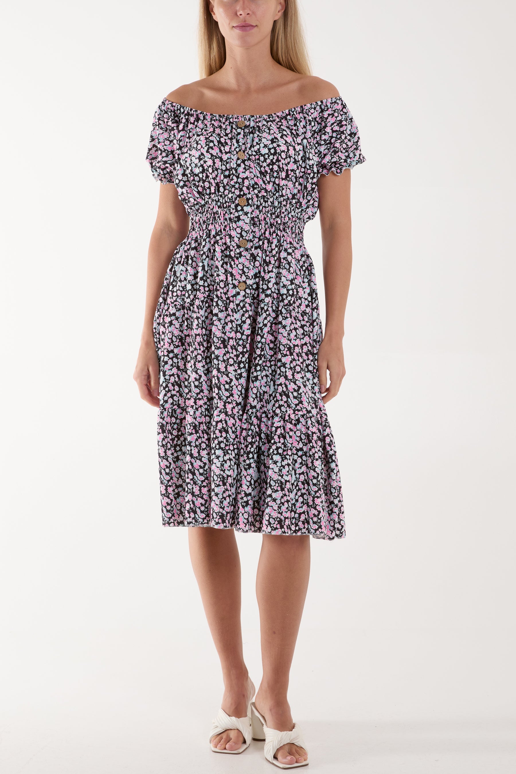 Ditsy Floral Bardot Midi Dress Dresses WearAll Black One Size