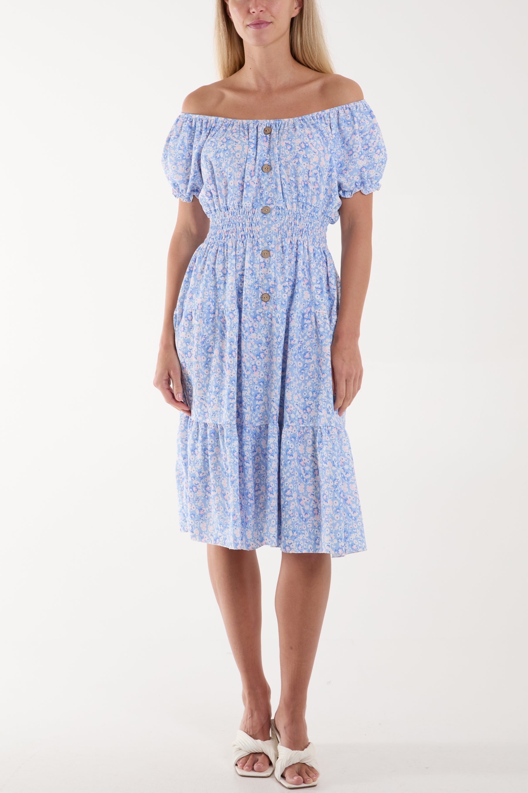 Ditsy Floral Bardot Midi Dress Dresses WearAll Light Blue One Size