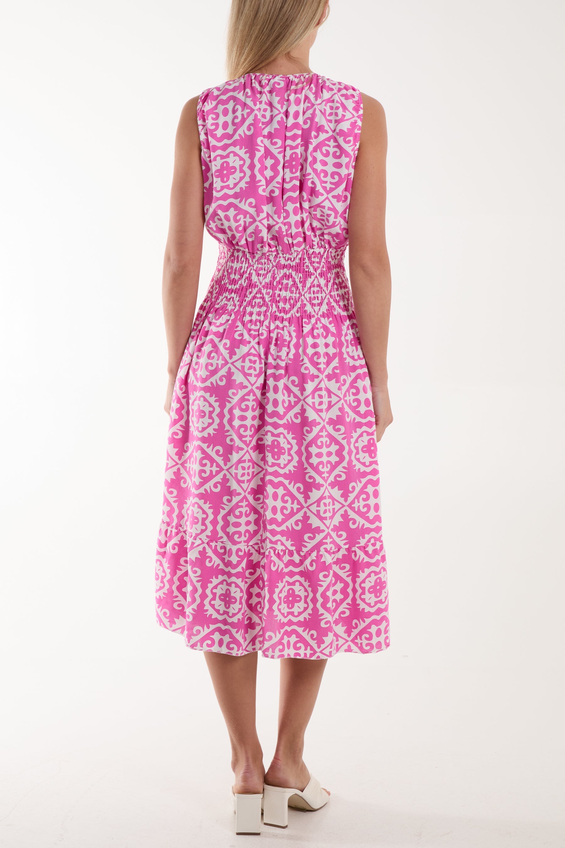 Tile Print Elasticated Neck Midi Dress Dresses WearAll