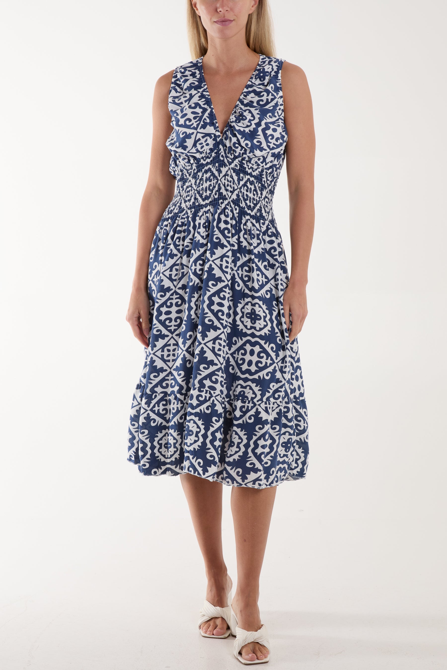 Tile Print Elasticated Neck Midi Dress Dresses WearAll Navy One Size