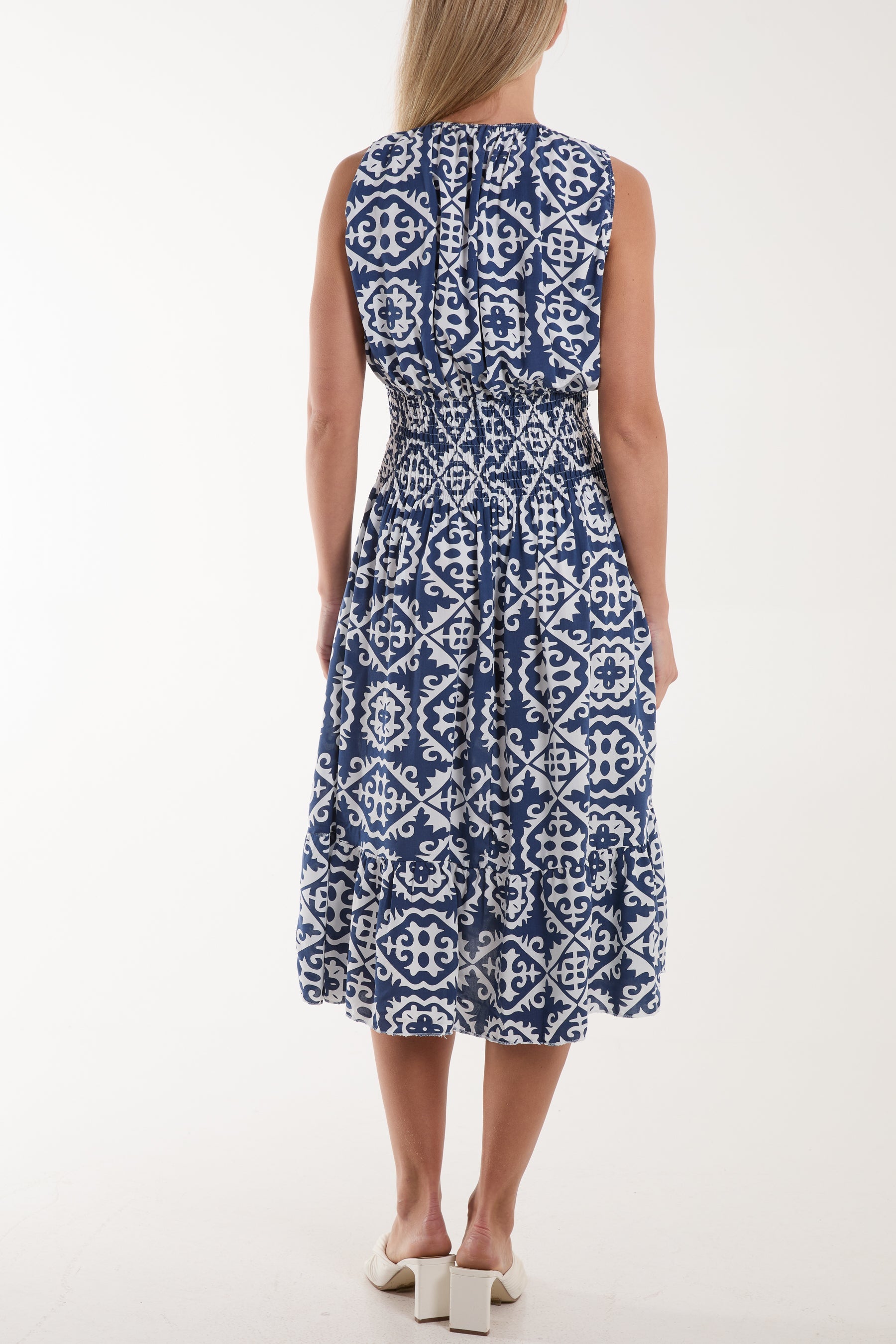 Tile Print Elasticated Neck Midi Dress Dresses WearAll