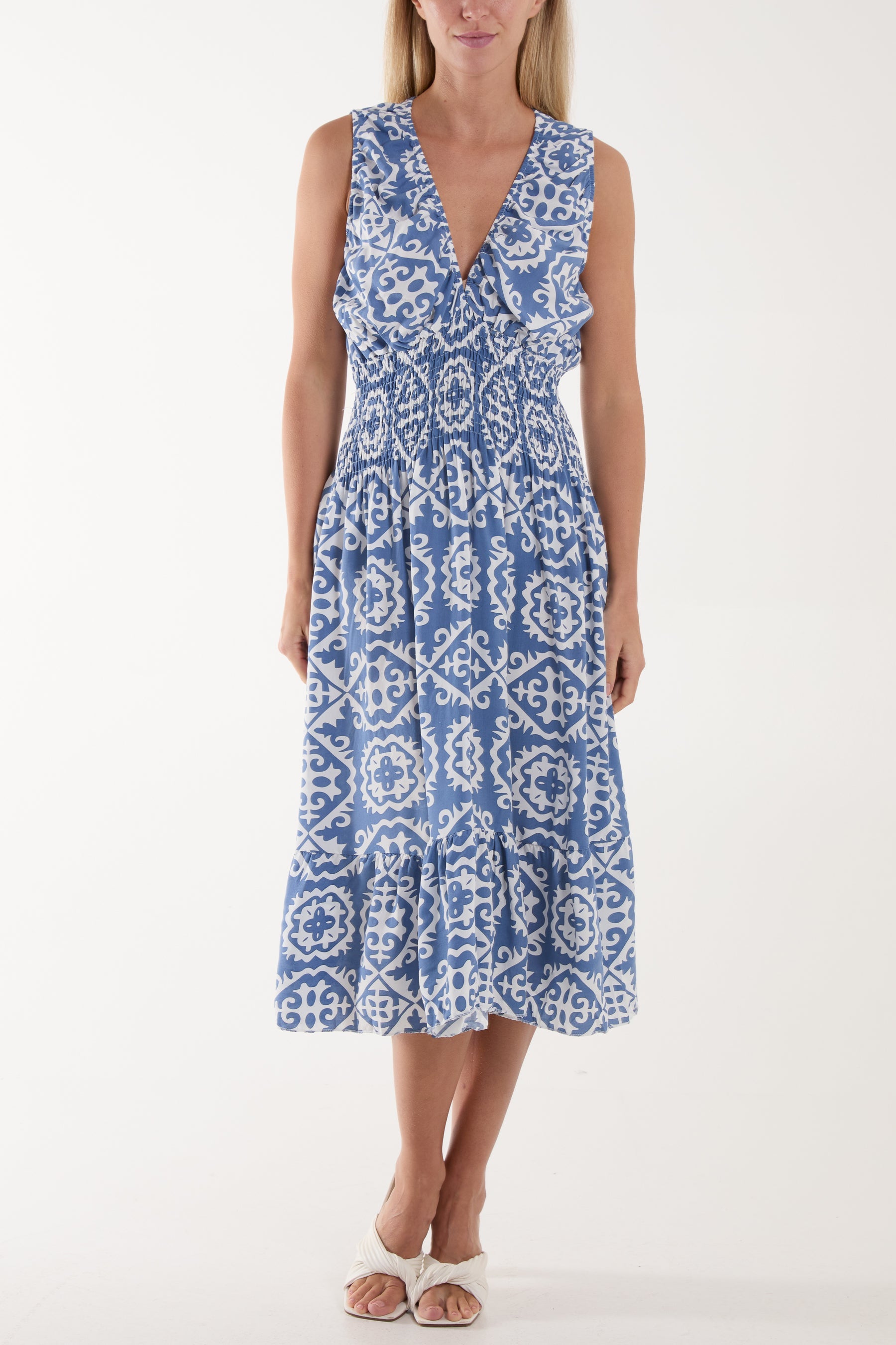 Tile Print Elasticated Neck Midi Dress Dresses WearAll Denim One Size