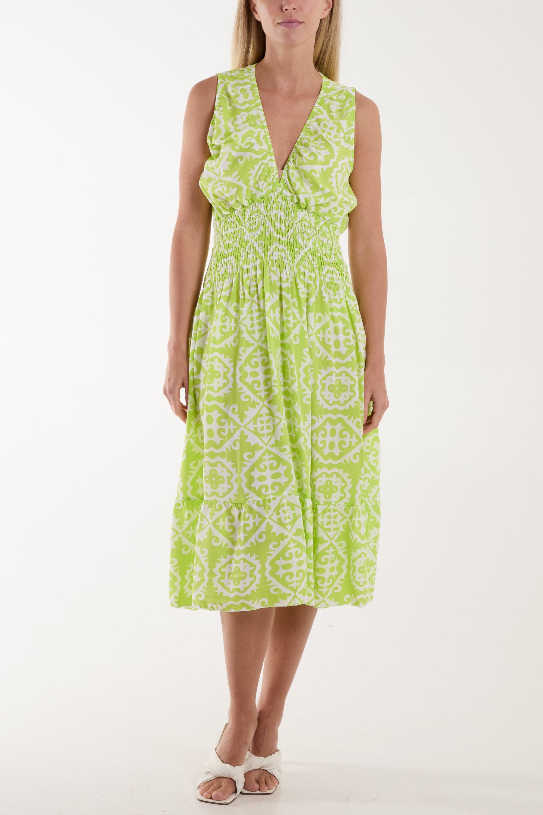 Tile Print Elasticated Neck Midi Dress Dresses WearAll Lime One Size