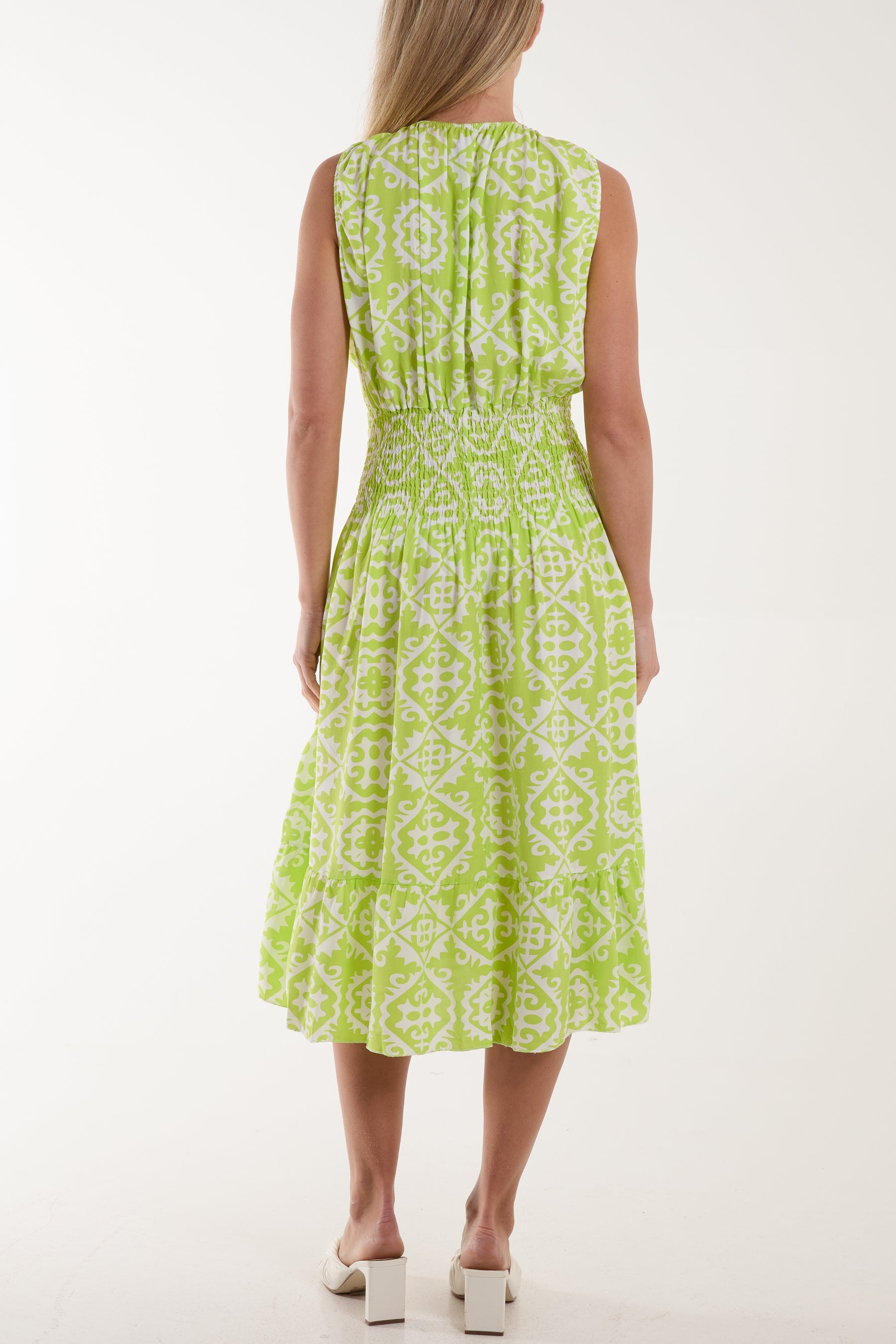 Tile Print Elasticated Neck Midi Dress Dresses WearAll