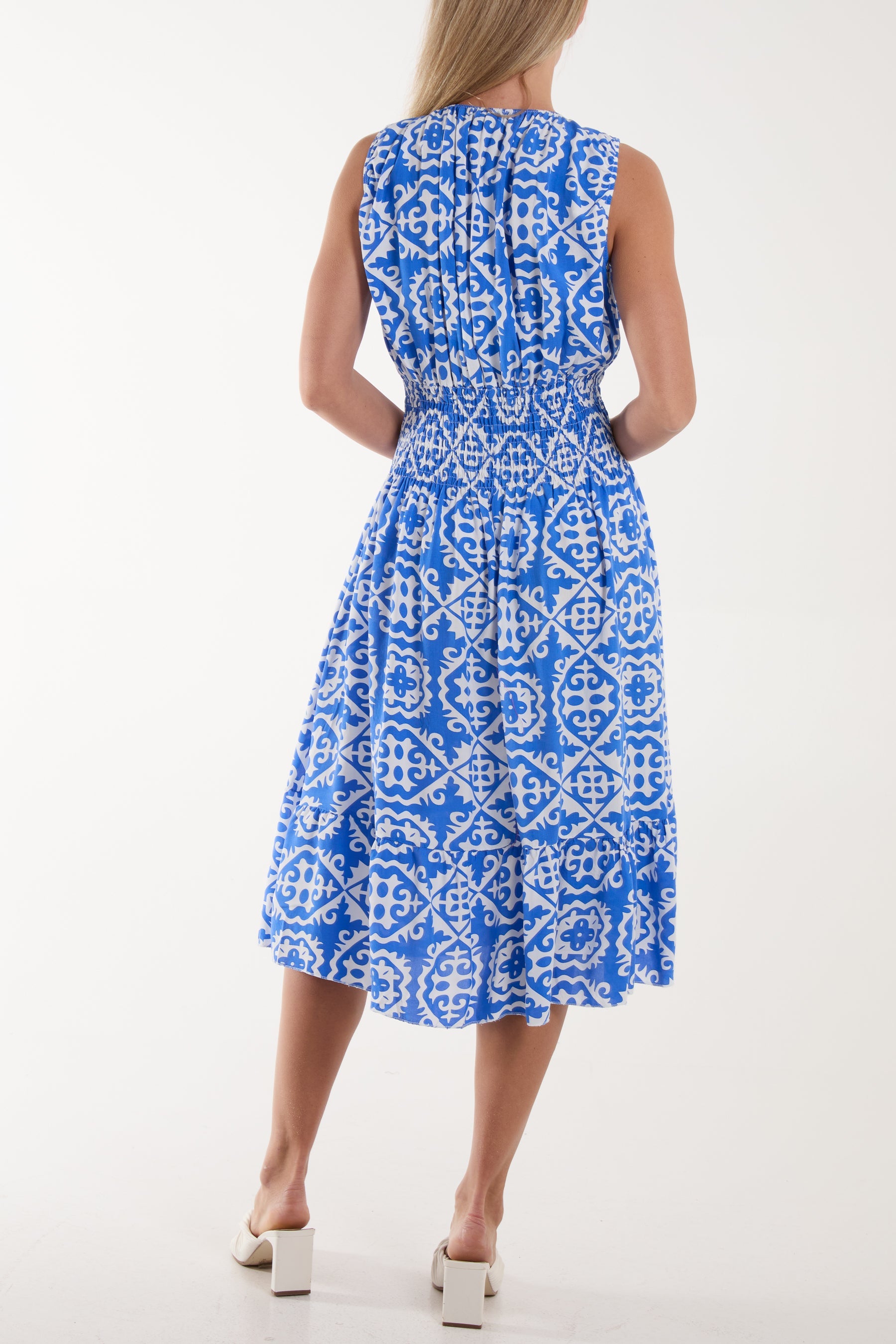 Tile Print Elasticated Neck Midi Dress Dresses WearAll