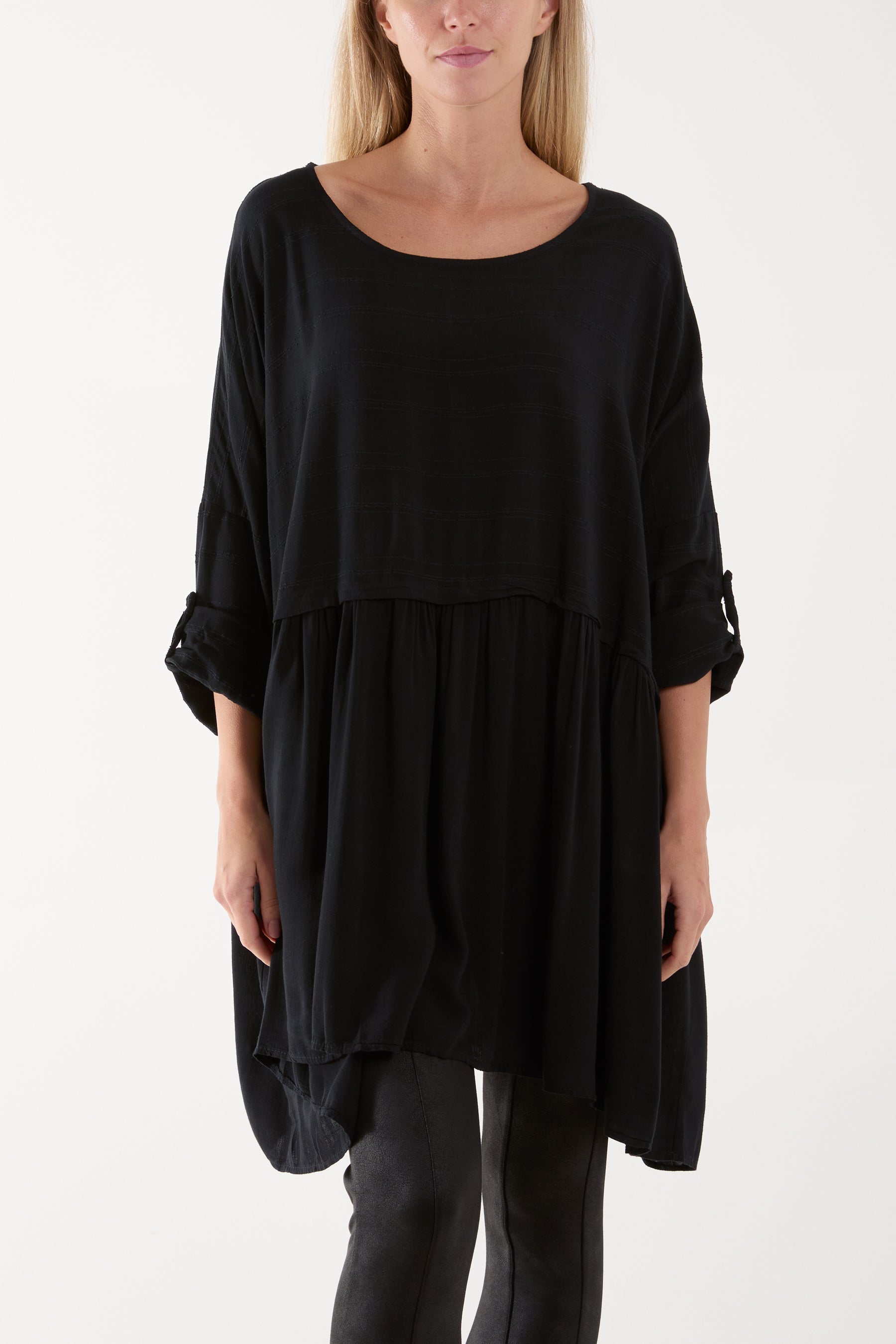 Texture Stripe Asymmetric Hem Top Tops WearAll Black One Size