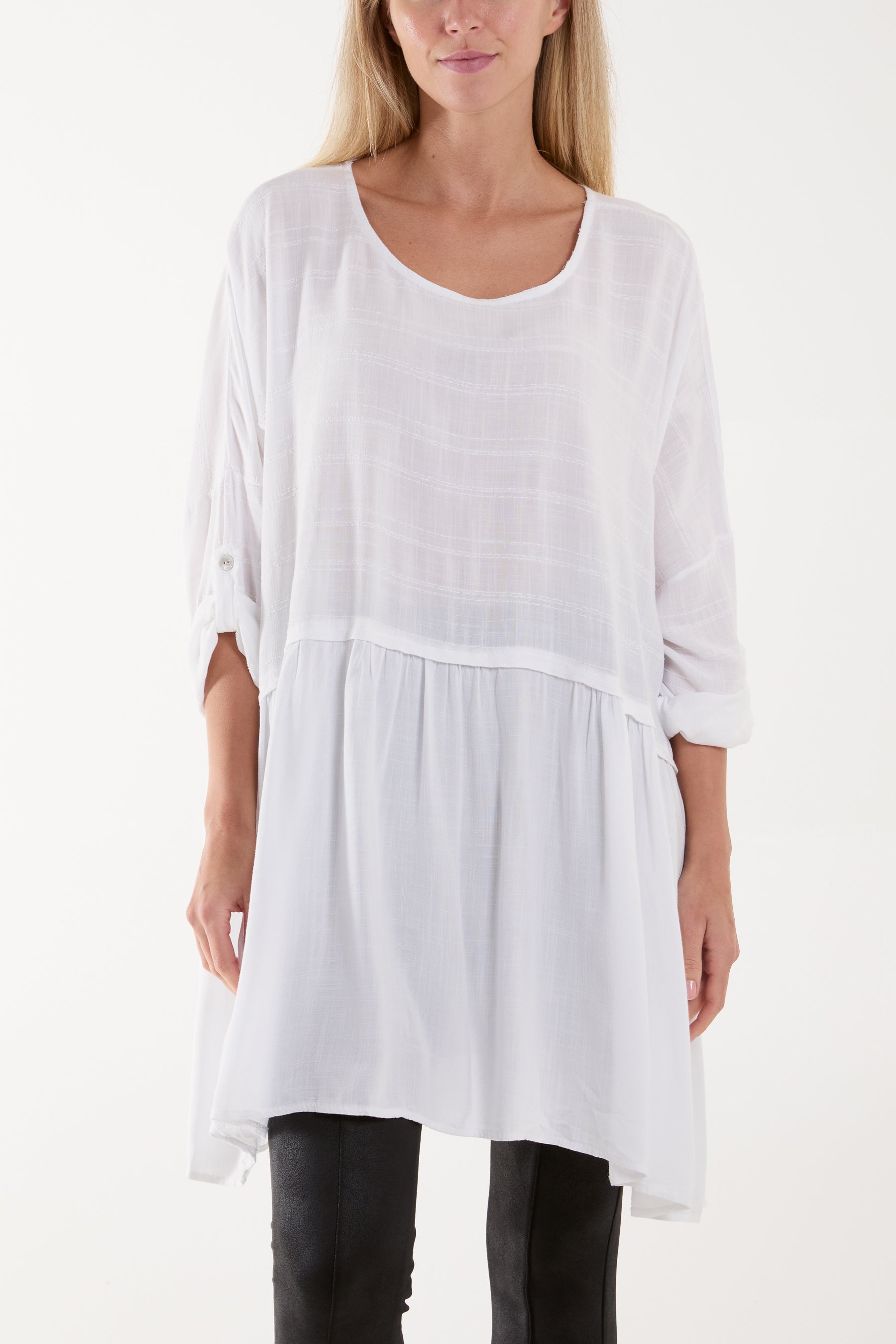 Texture Stripe Asymmetric Hem Top Tops WearAll White One Size