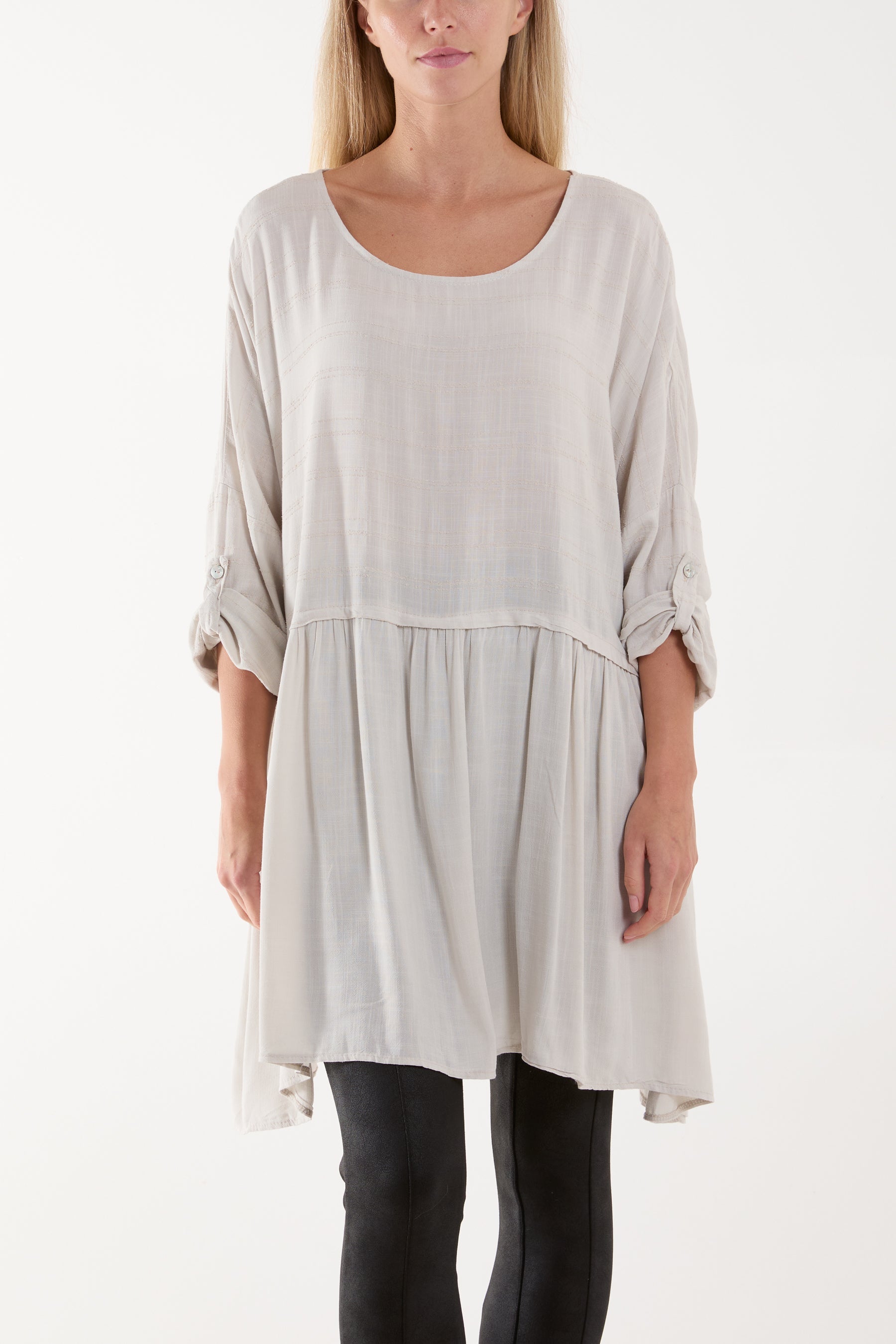 Texture Stripe Asymmetric Hem Top Tops WearAll Beige One Size
