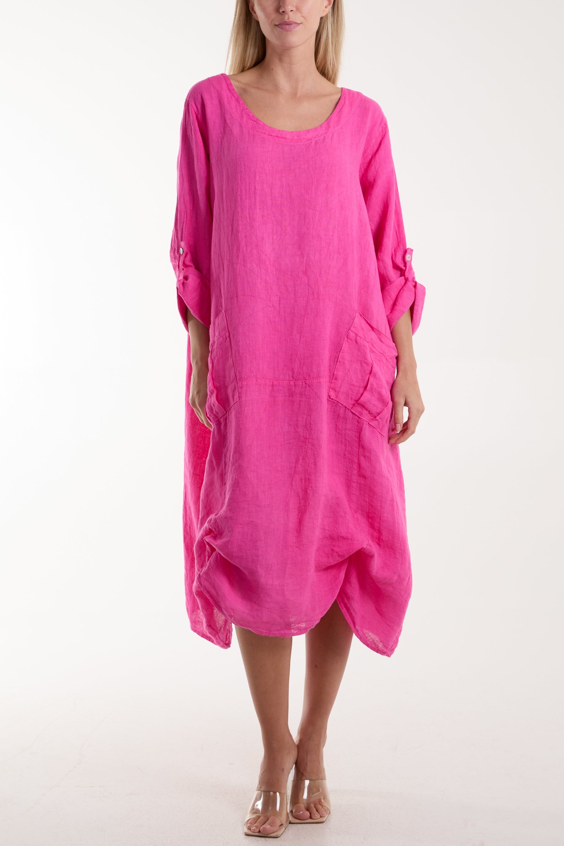 Linen Tied Hem Pockets Dress Dresses WearAll Fuchsia One Size
