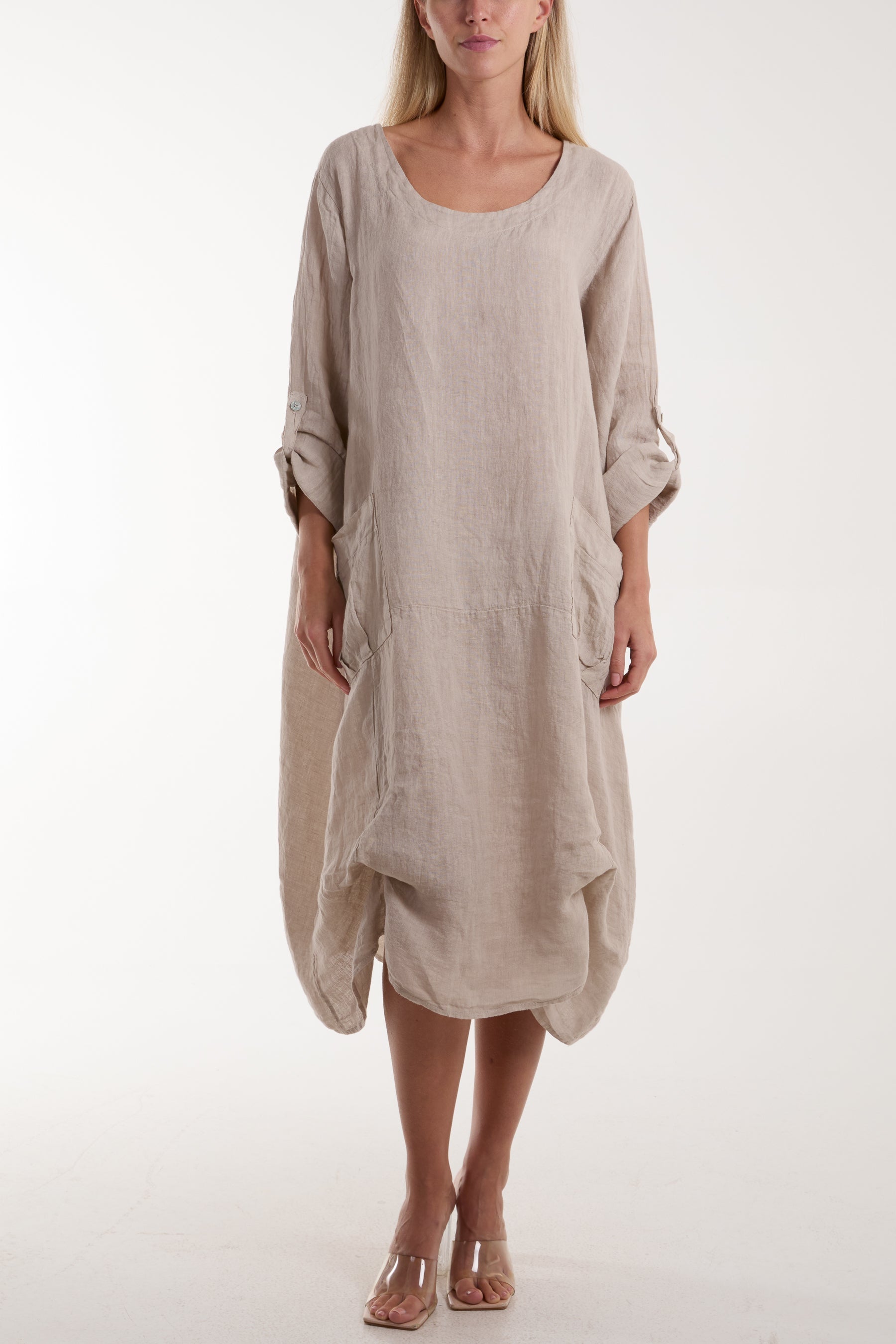 Linen Tied Hem Pockets Dress Dresses WearAll Stone One Size