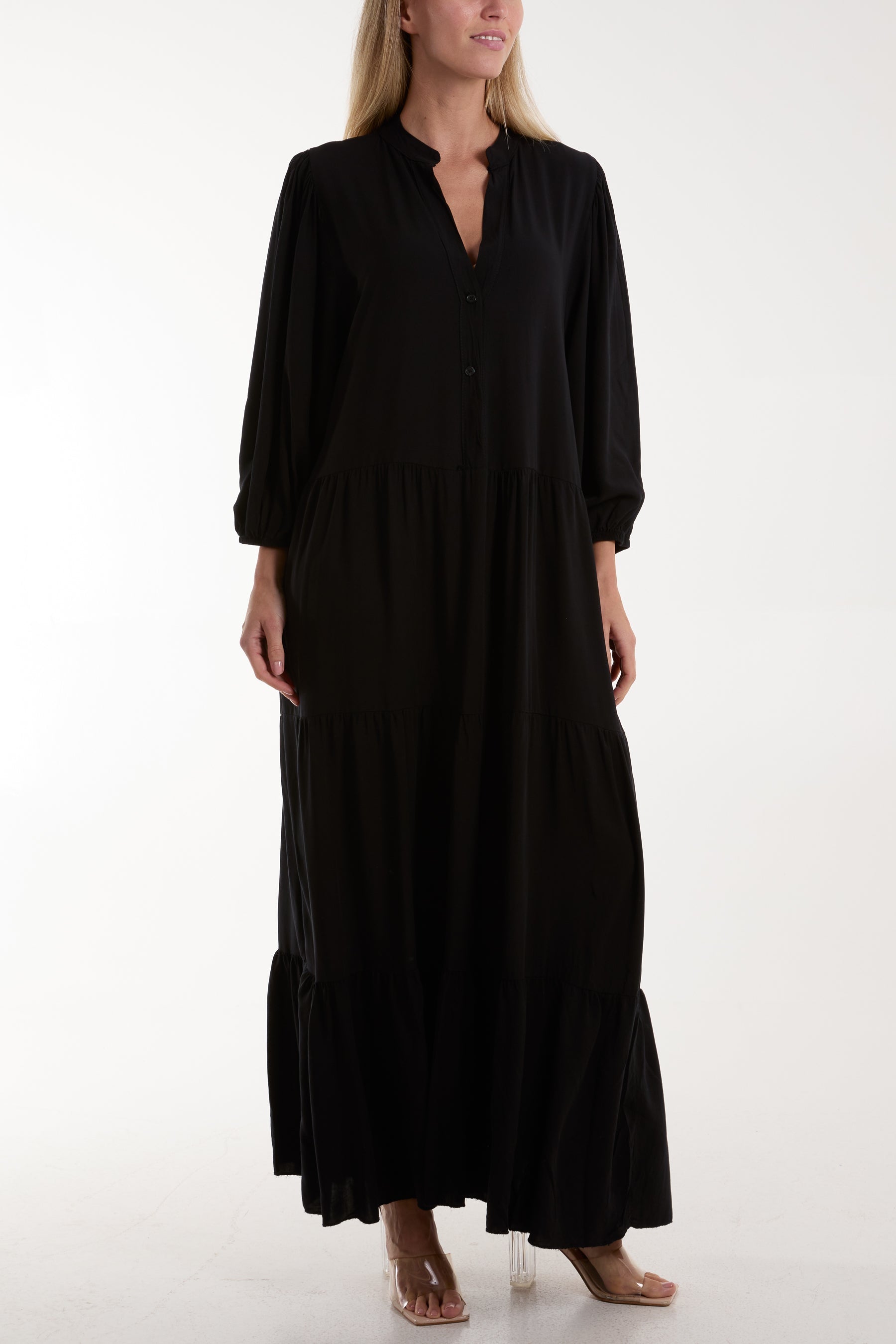 Tiered Maxi Shirt Dress Dresses WearAll Black One Size