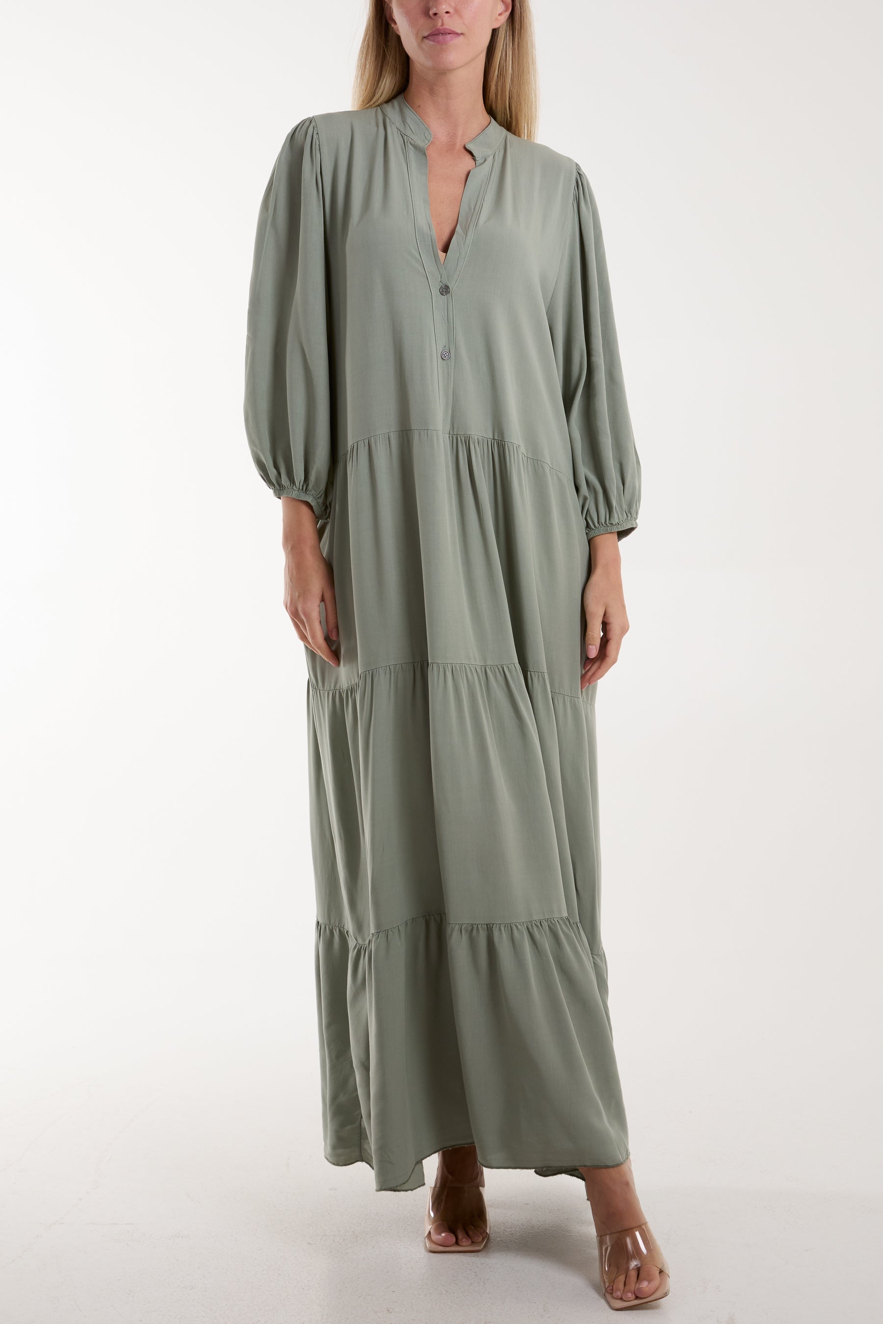 Tiered Maxi Shirt Dress Dresses WearAll Khaki One Size