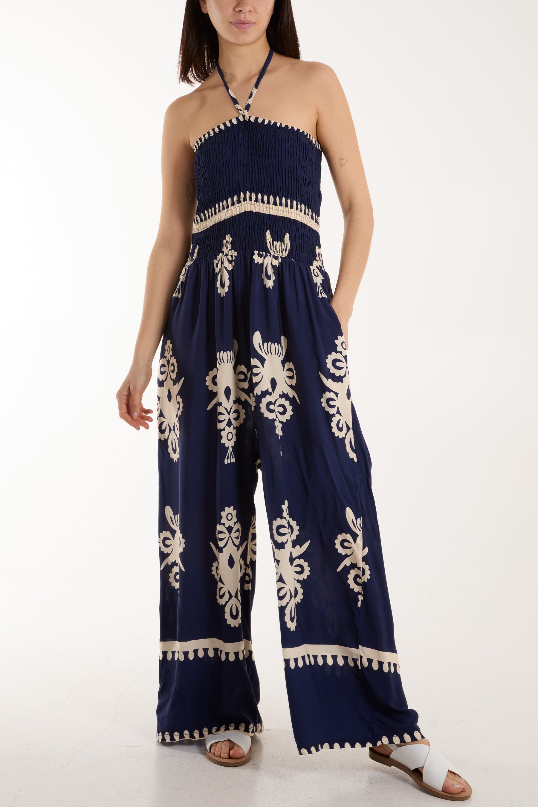 Shirred Bodice Bandeau Printed Jumpsuit Jumpsuits WearAll Navy One Size