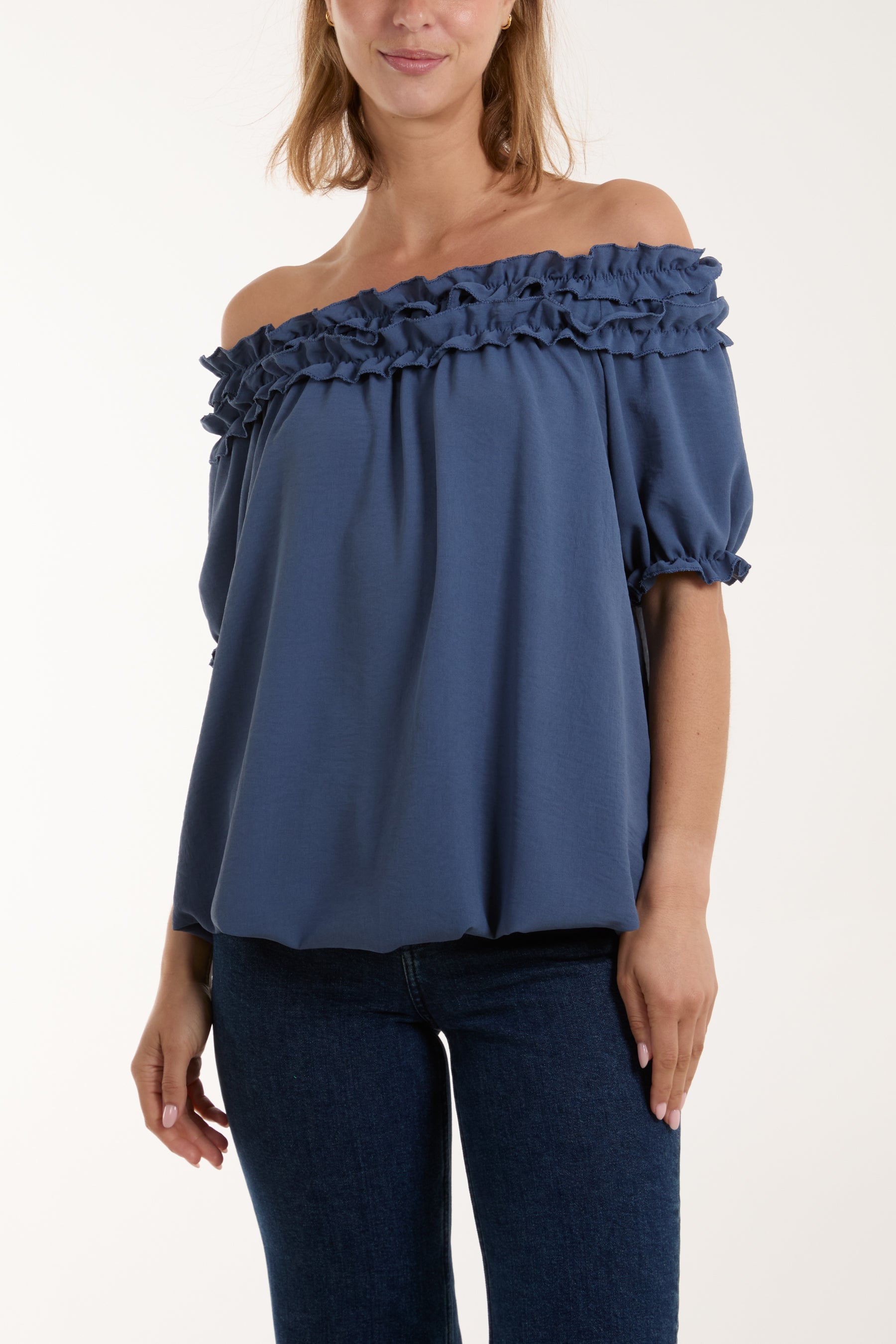 Ruffle Bardot Bubble Hem Top Tops WearAll Denim One Size