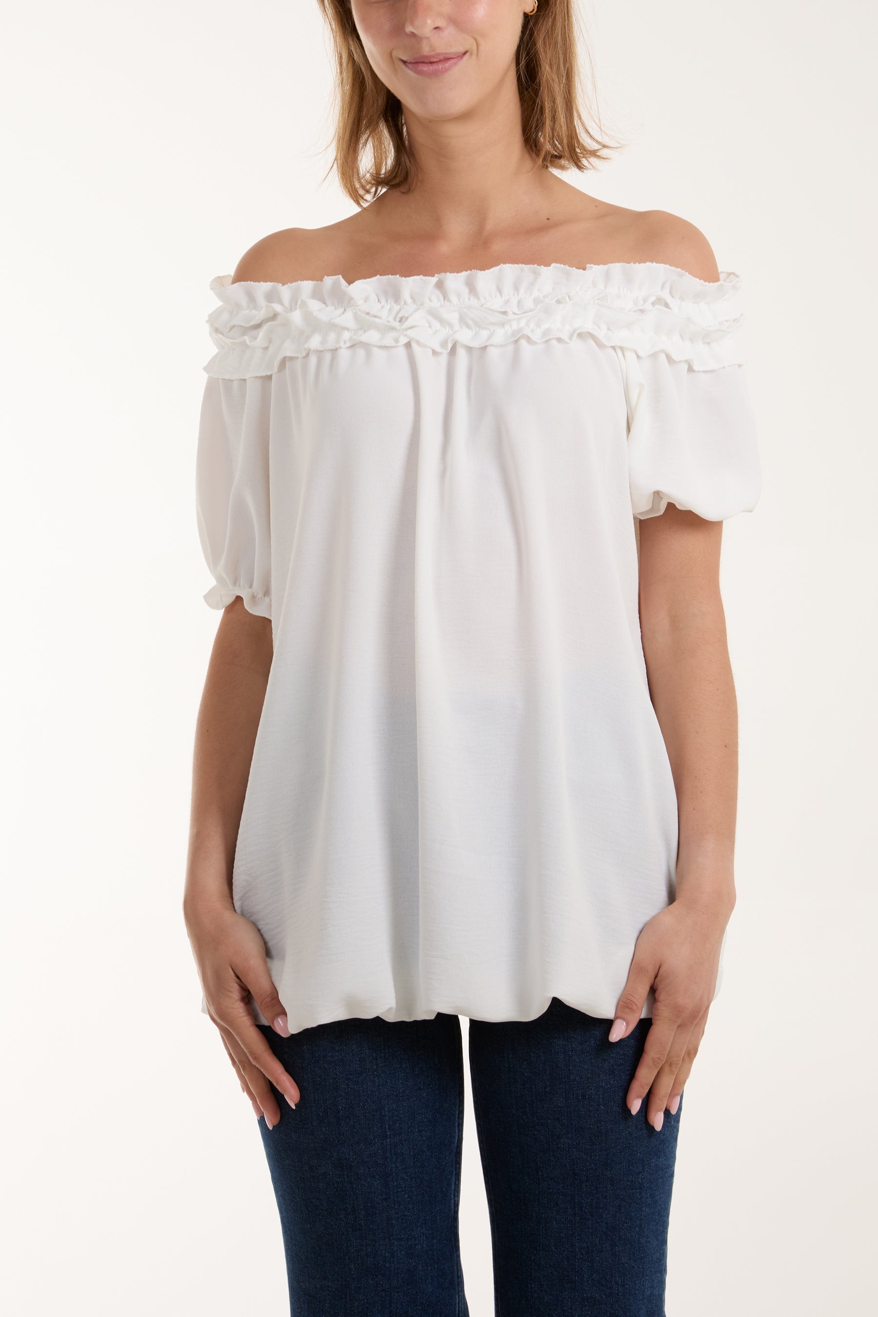 Ruffle Bardot Bubble Hem Top Tops WearAll White One Size