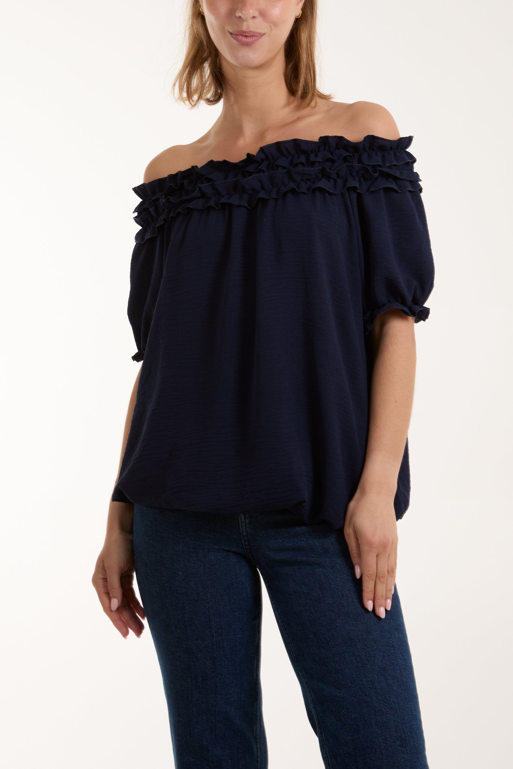 Ruffle Bardot Bubble Hem Top Tops WearAll Navy One Size