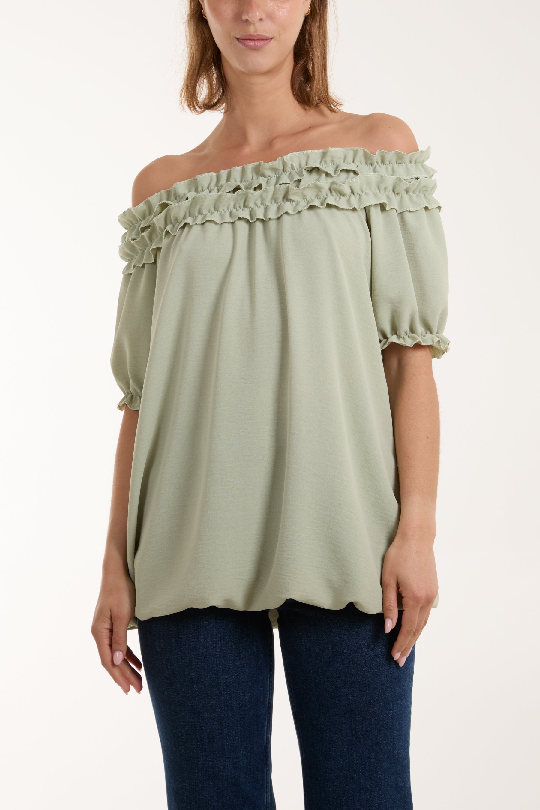 Ruffle Bardot Bubble Hem Top Tops WearAll Sage One Size