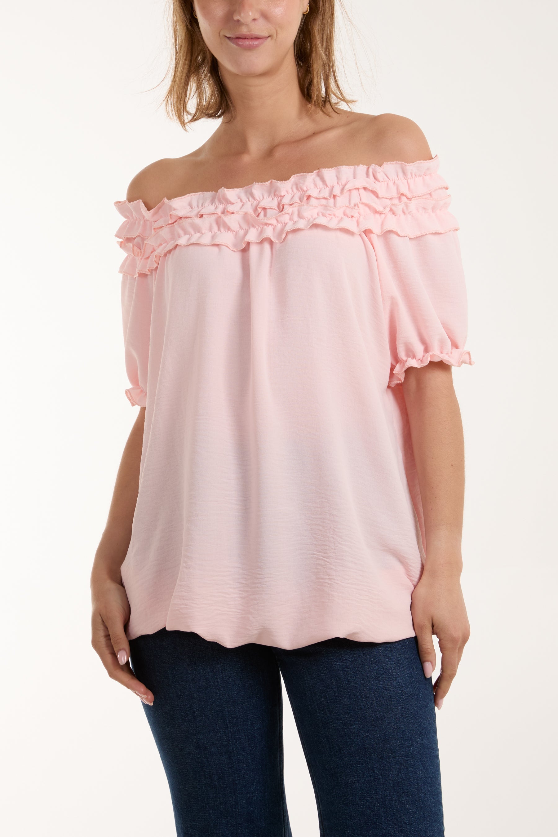 Ruffle Bardot Bubble Hem Top Tops WearAll Pink One Size