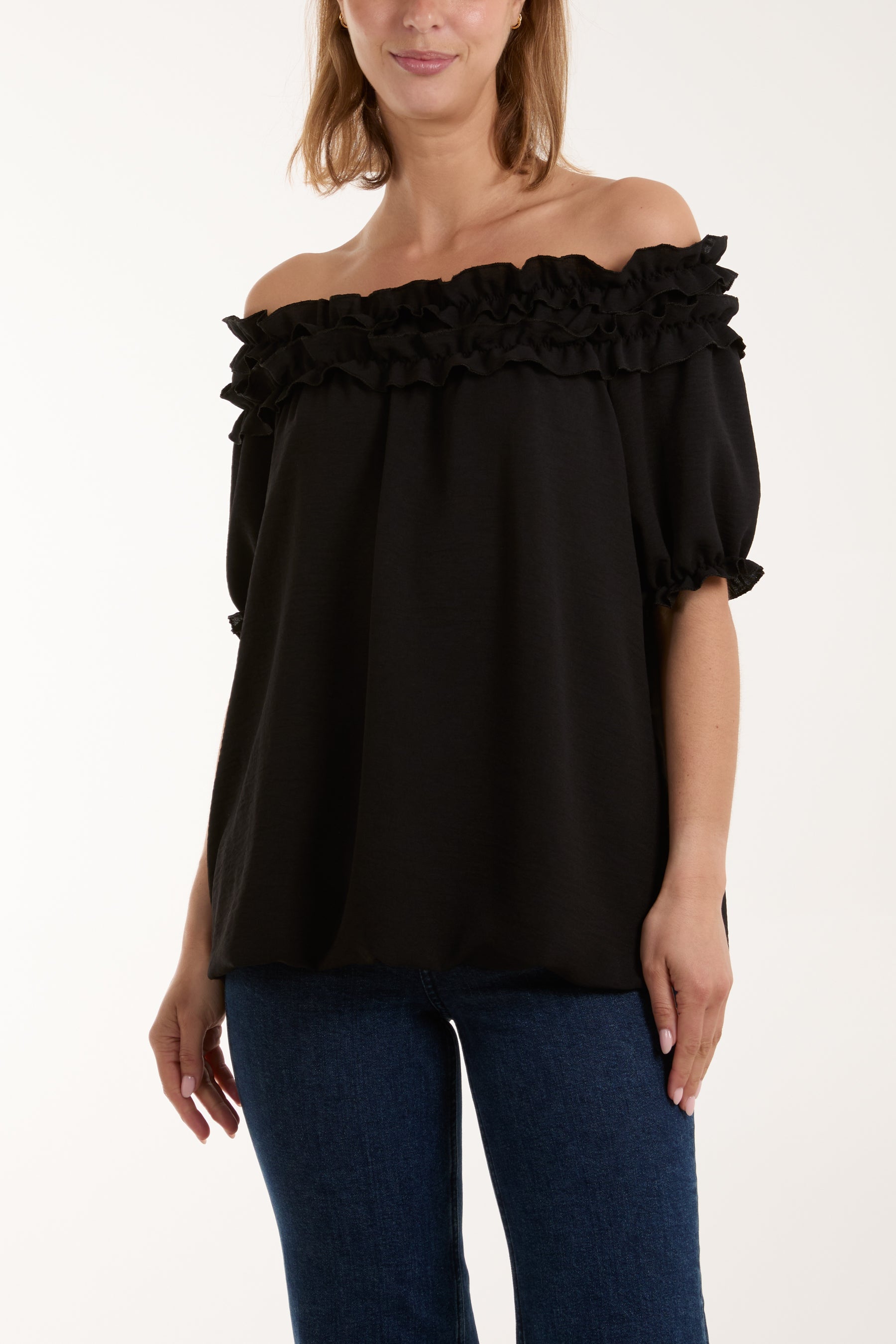 Ruffle Bardot Bubble Hem Top Tops WearAll Black One Size