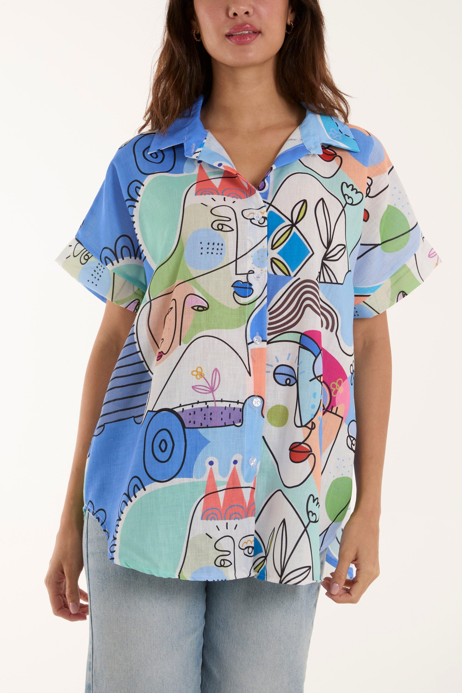 Abstract Faces Front Knot Shirt Shirts WearAll Light Blue One Size