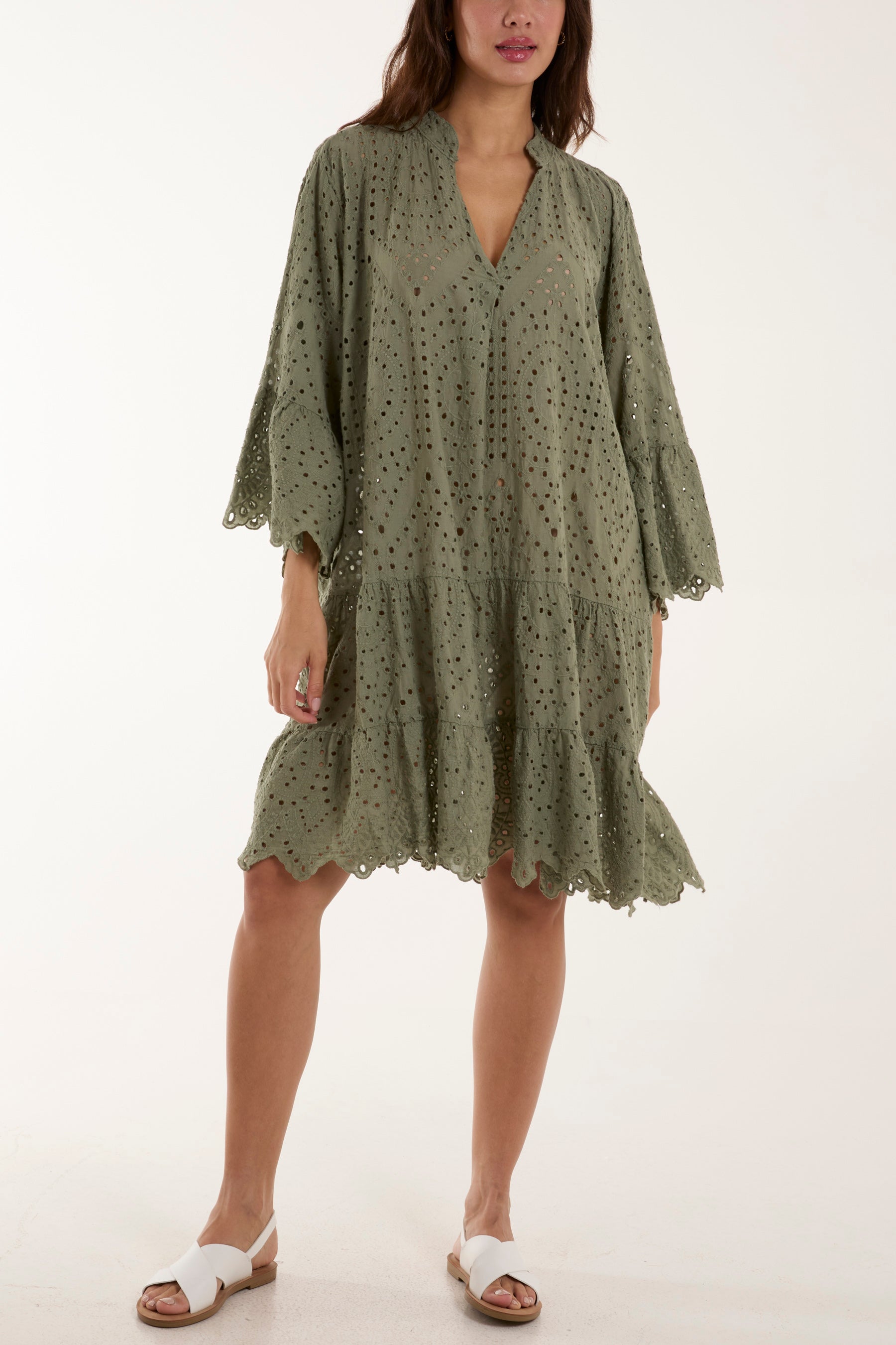 Broderie Anglaise Tunic Dress Dresses WearAll Khaki One Size