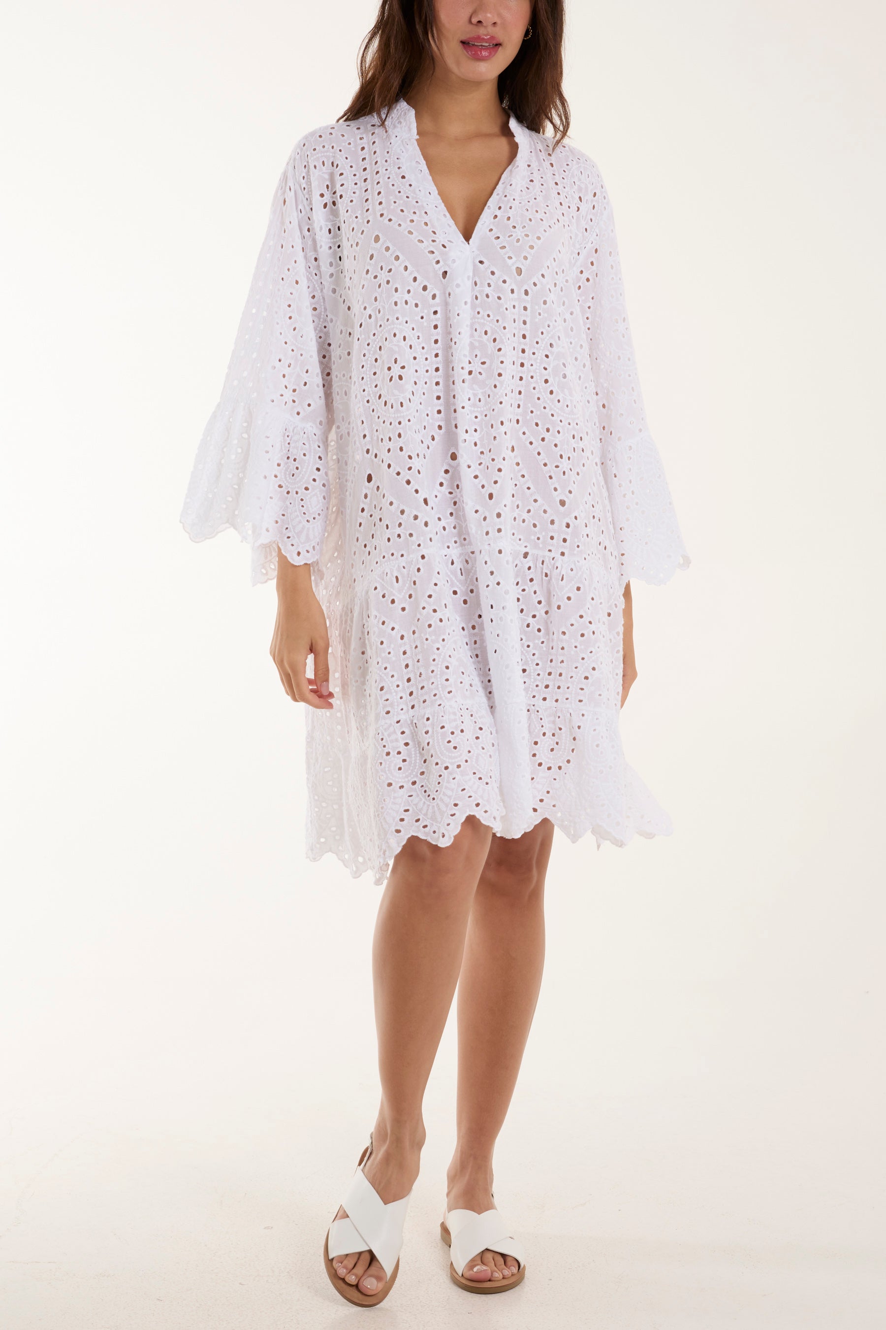 Broderie Anglaise Tunic Dress Dresses WearAll White One Size