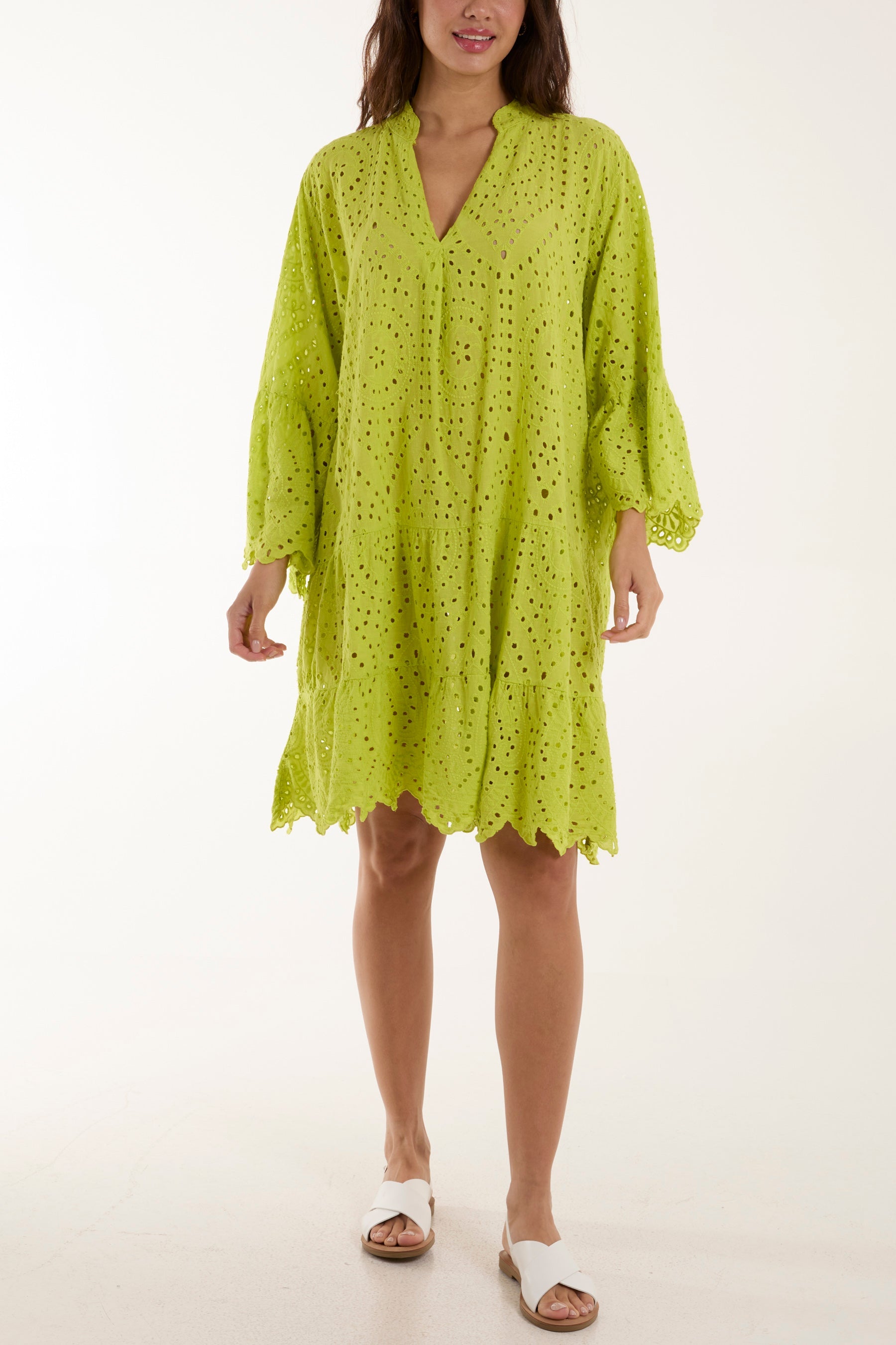 Broderie Anglaise Tunic Dress Dresses WearAll Lime One Size