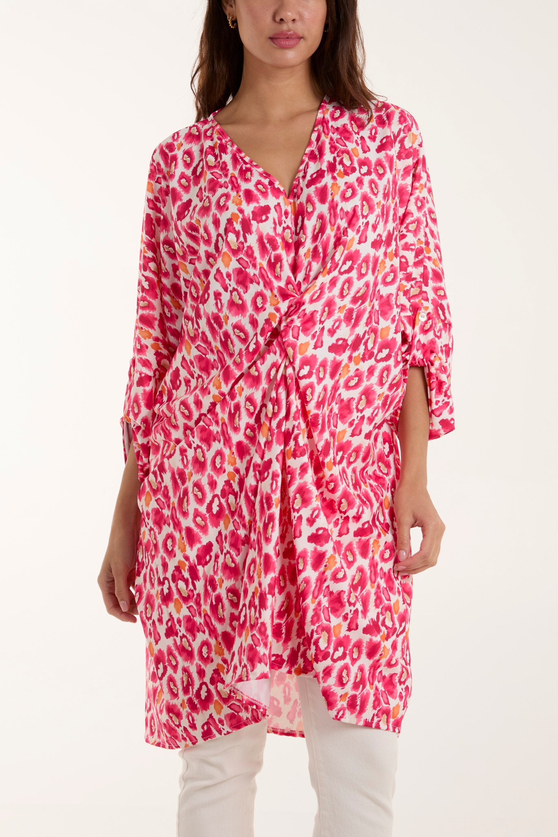 Leopard Print Twisted Front Blouse Dresses WearAll Fuchsia One Size