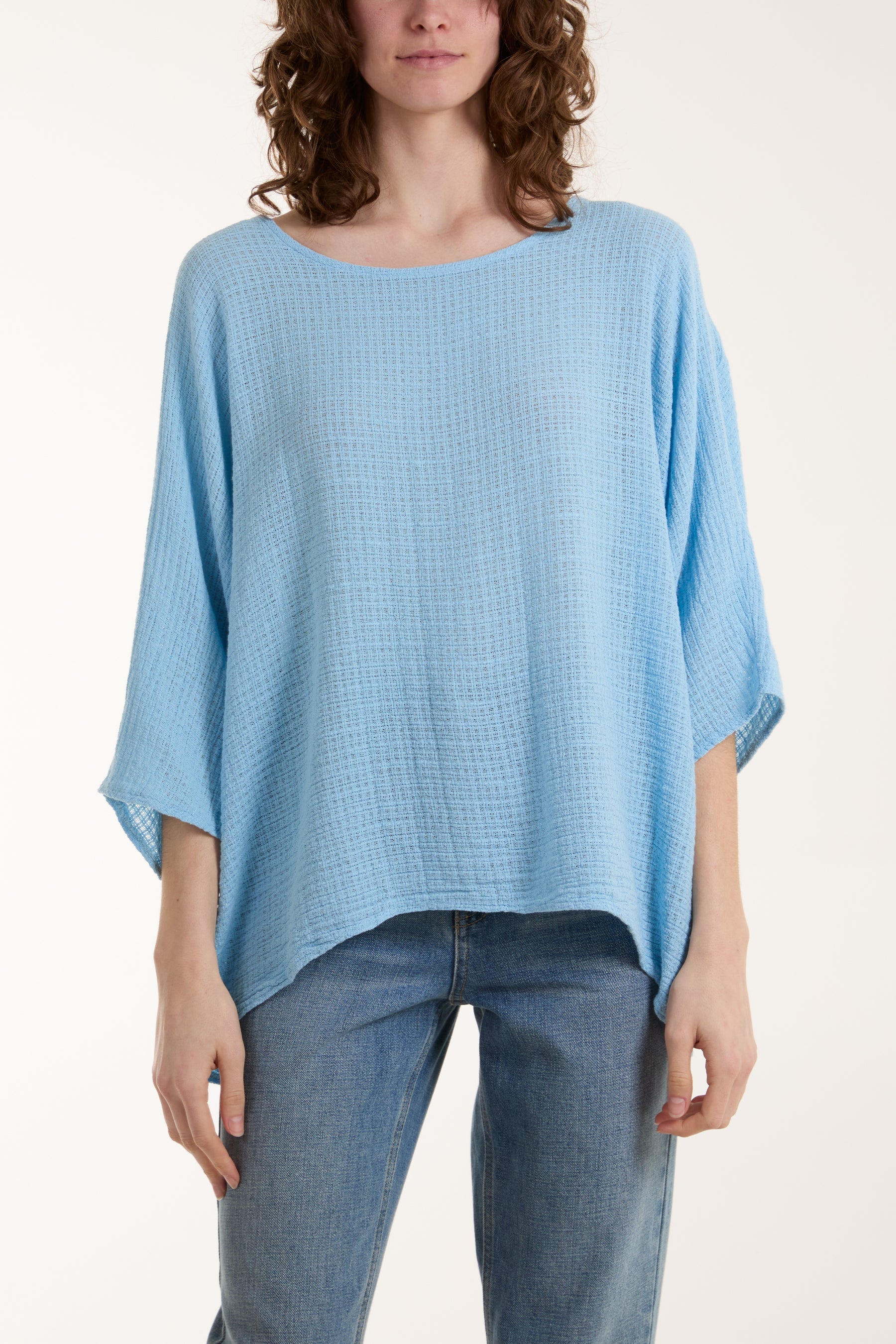 Texture Fabric Fine Cotton Blouse Tops WearAll Light Blue One Size