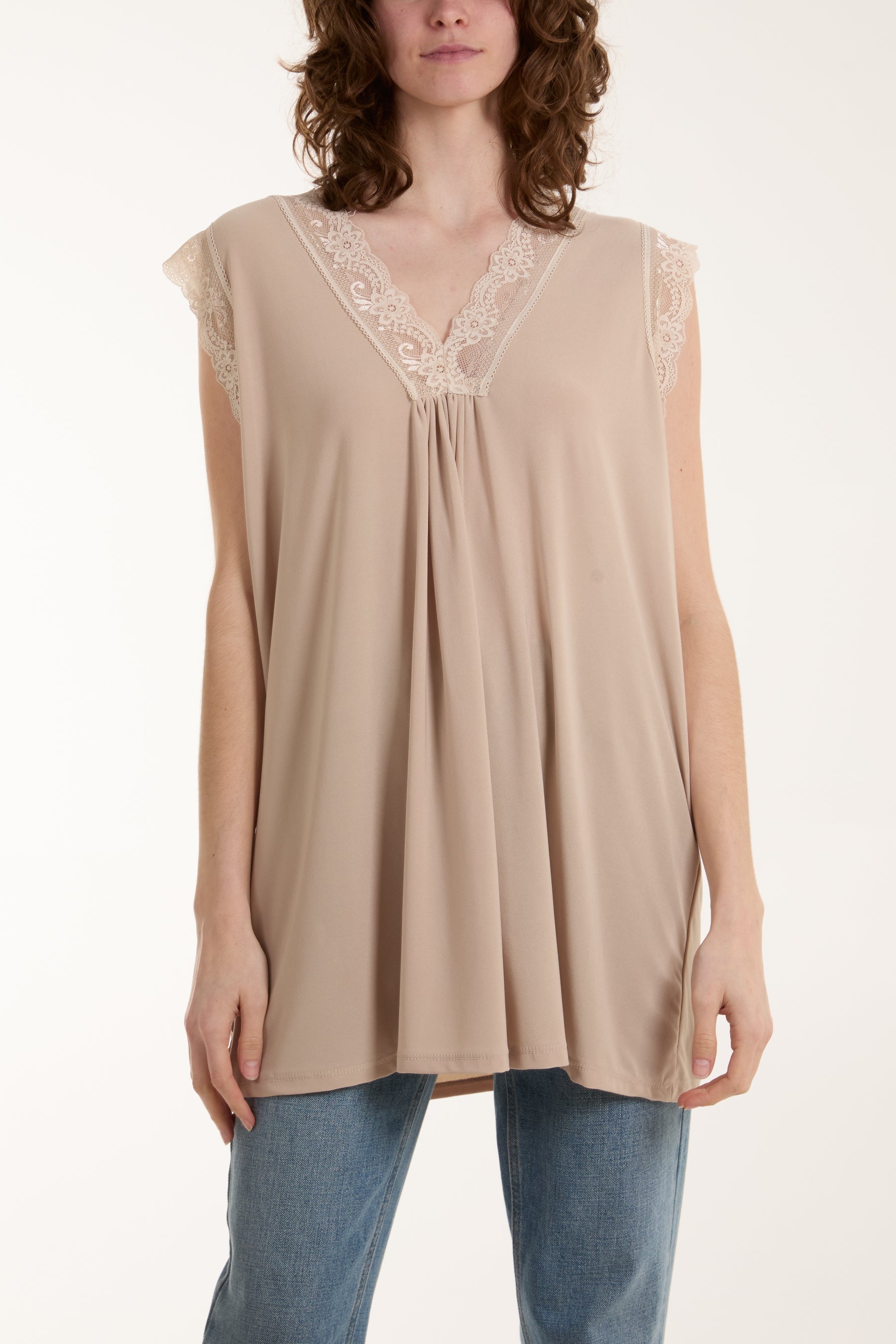 Lace Trim Sleeveless Top Tops WearAll Beige One Size