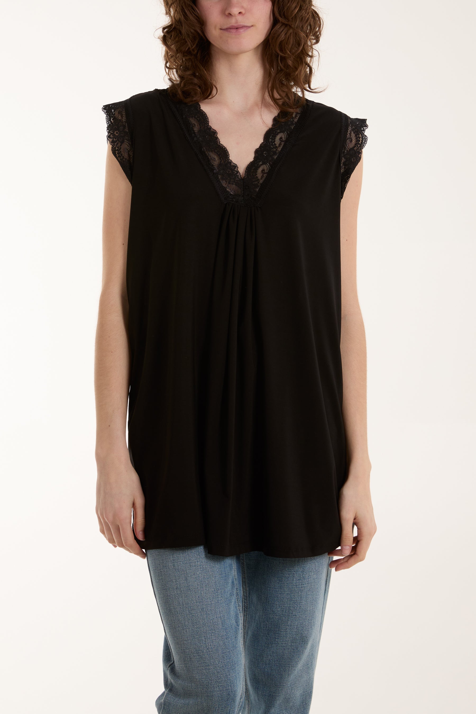Lace Trim Sleeveless Top Tops WearAll Black One Size