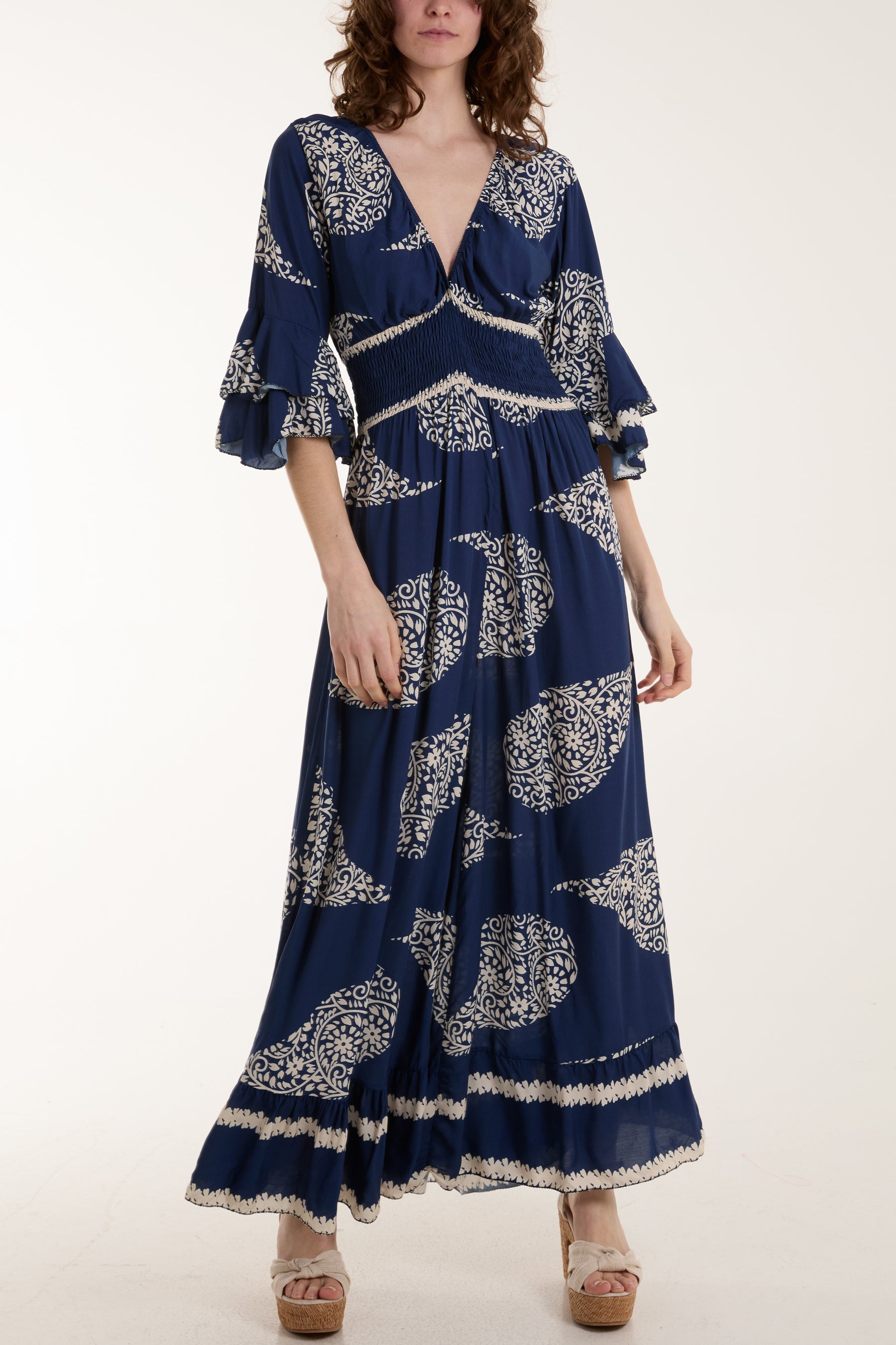 Paisley Print Ruffle Sleeve Jumpsuit Jumpsuits WearAll Navy One Size