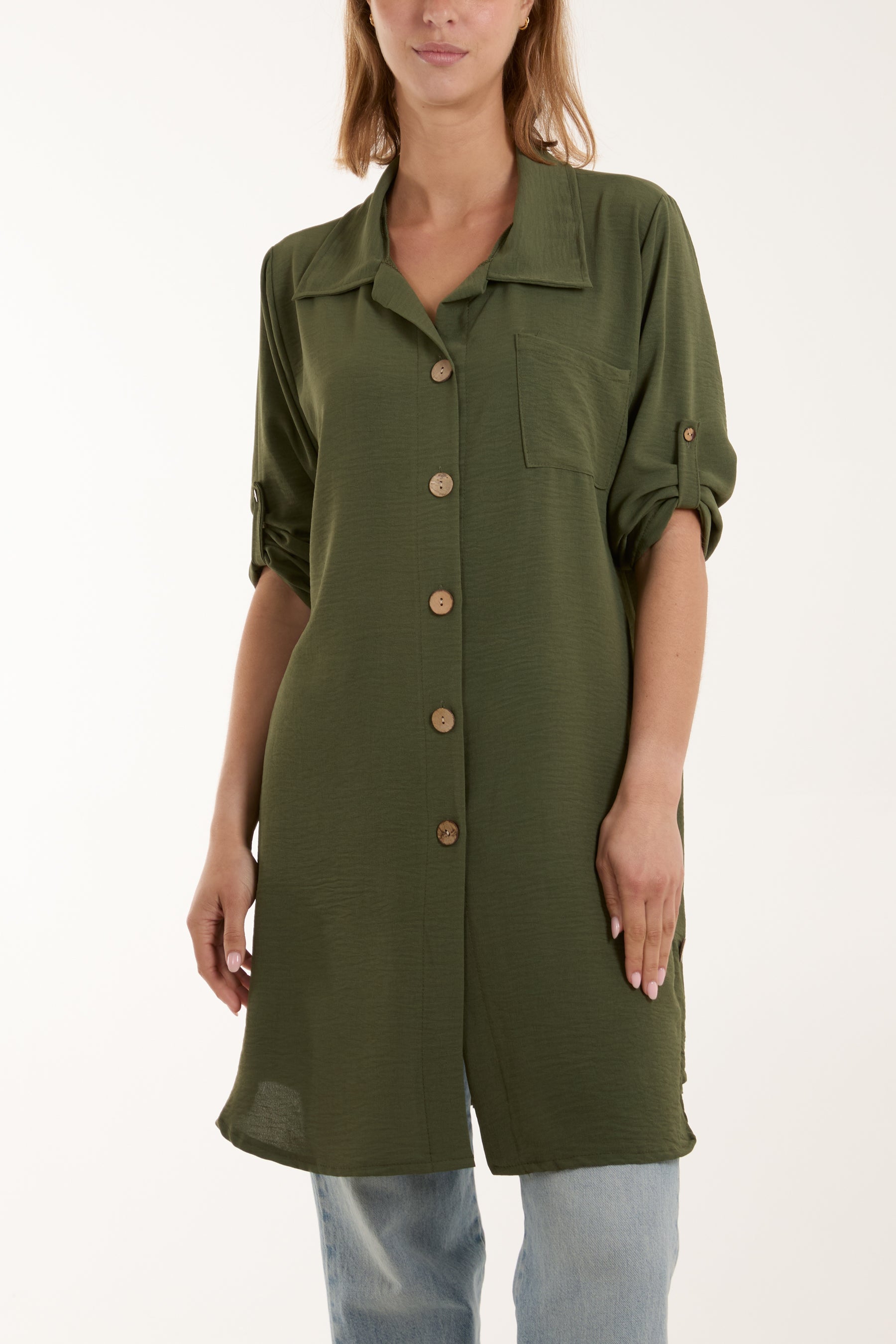 Side Button Detail Floaty Shirt Shirts WearAll Khaki One Size