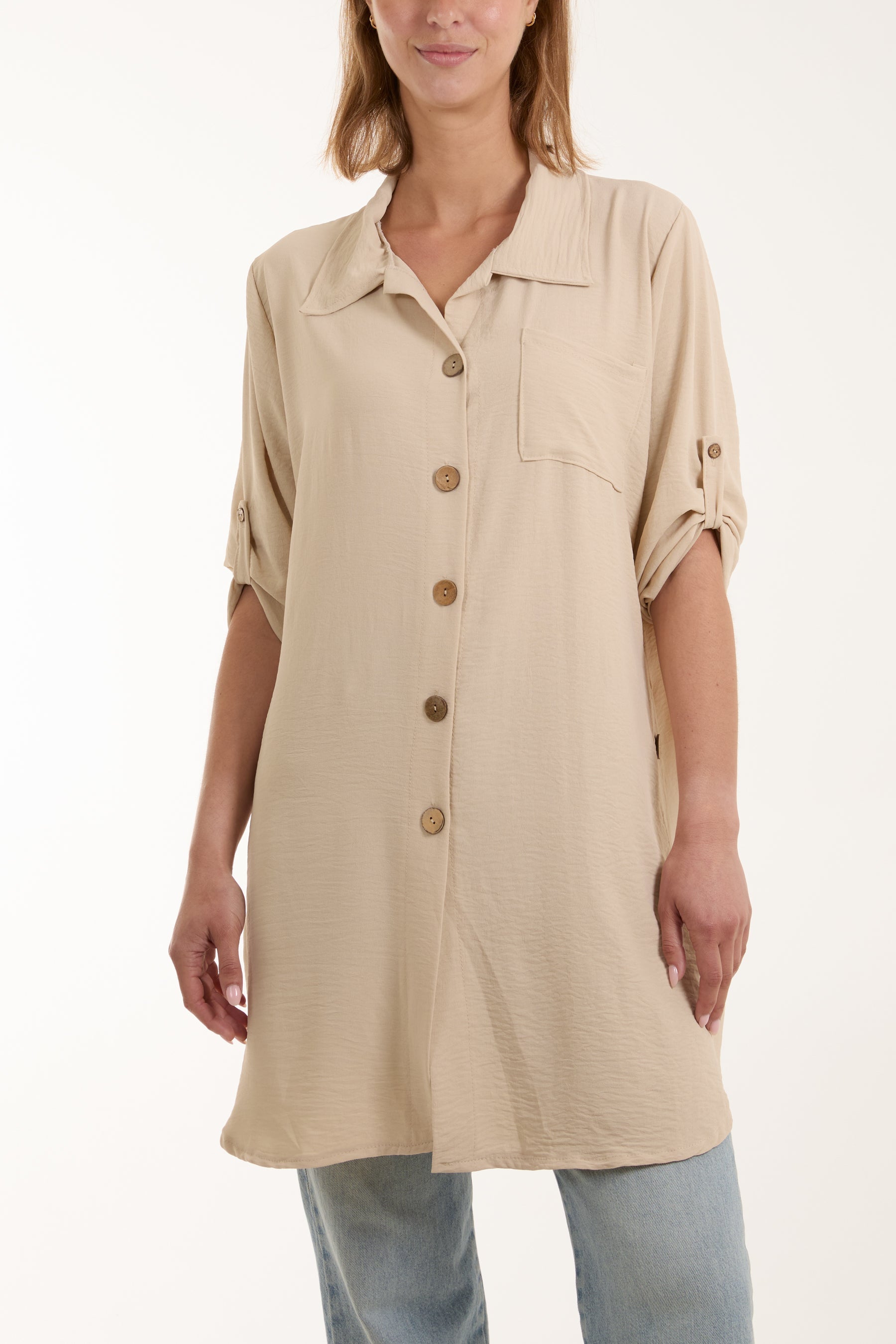 Side Button Detail Floaty Shirt Shirts WearAll Stone One Size