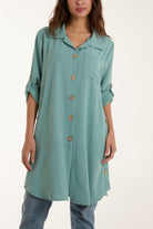 Side Button Detail Floaty Shirt Shirts WearAll Sage One Size