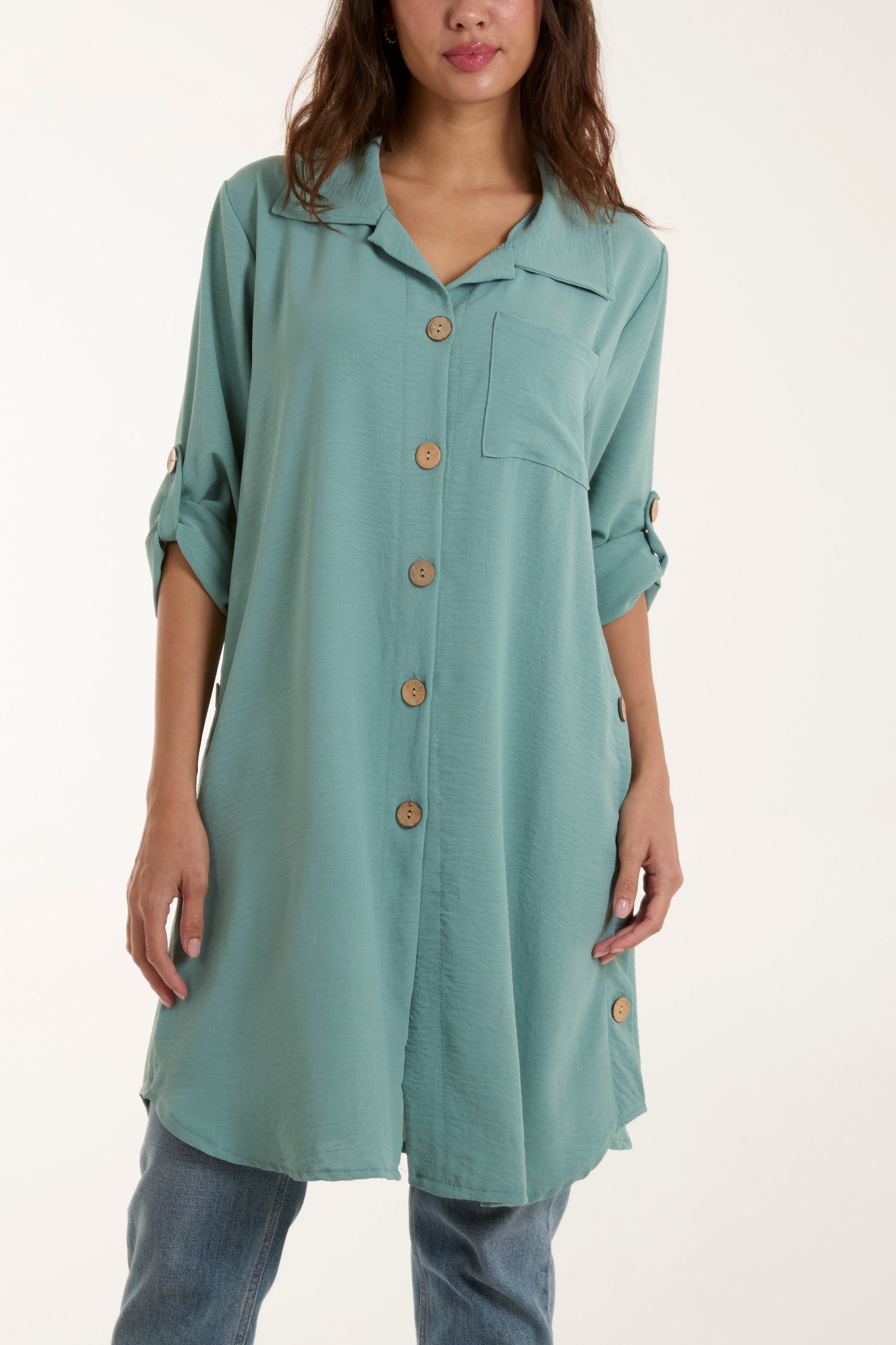 Side Button Detail Floaty Shirt Shirts WearAll Sage One Size