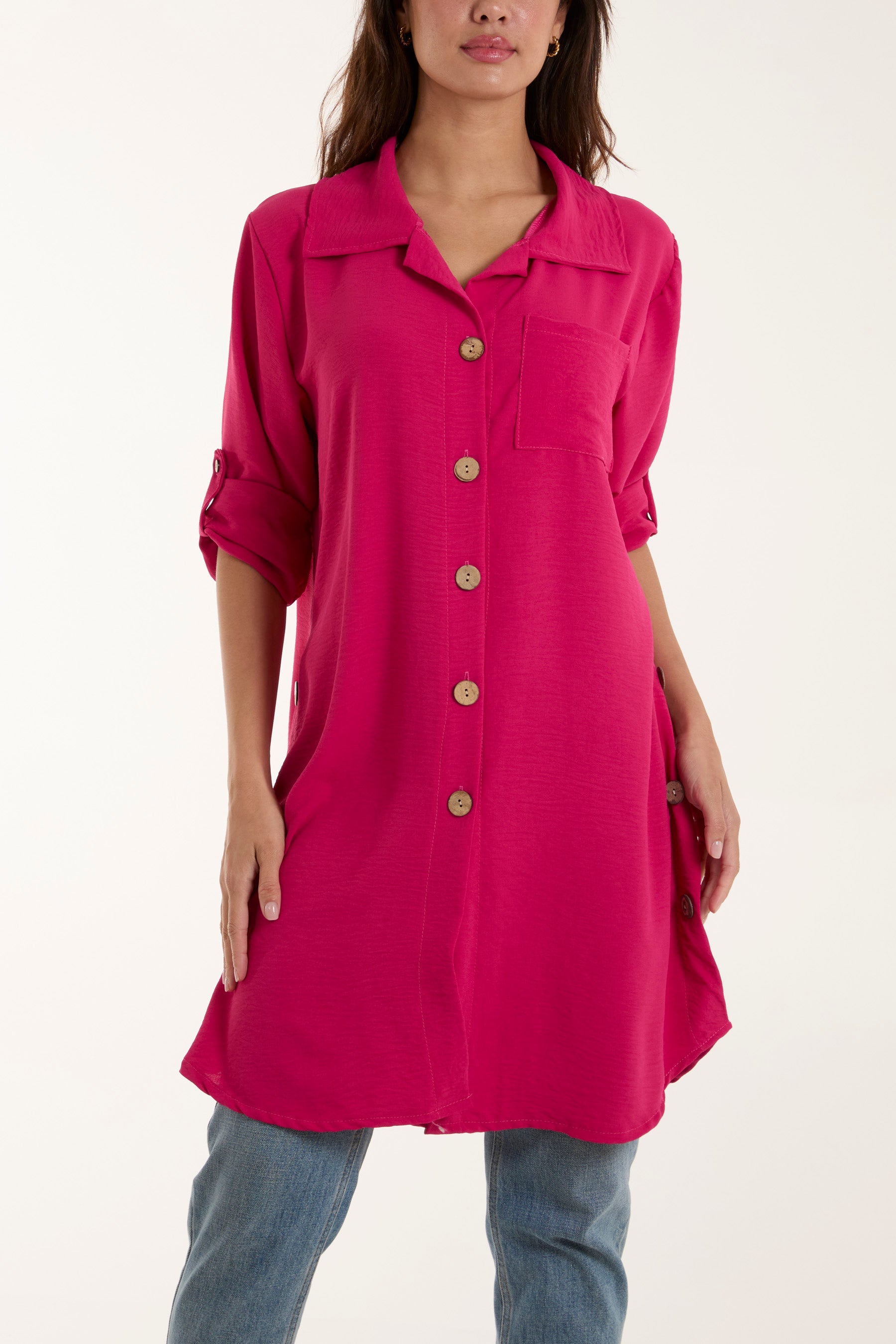 Side Button Detail Floaty Shirt Shirts WearAll Fuchsia One Size