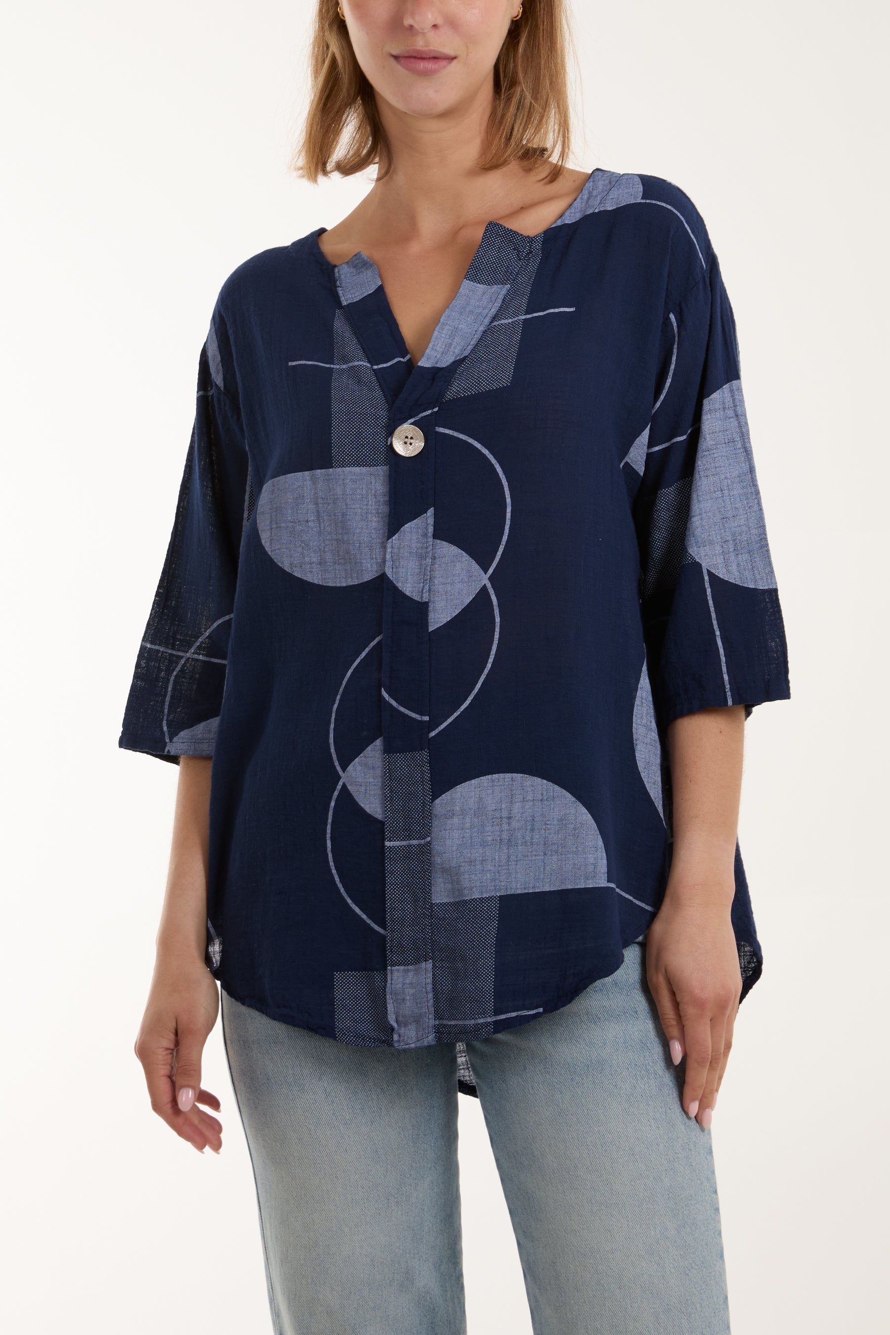 Geometric Shapes Silver Button Top Tops WearAll Navy One Size