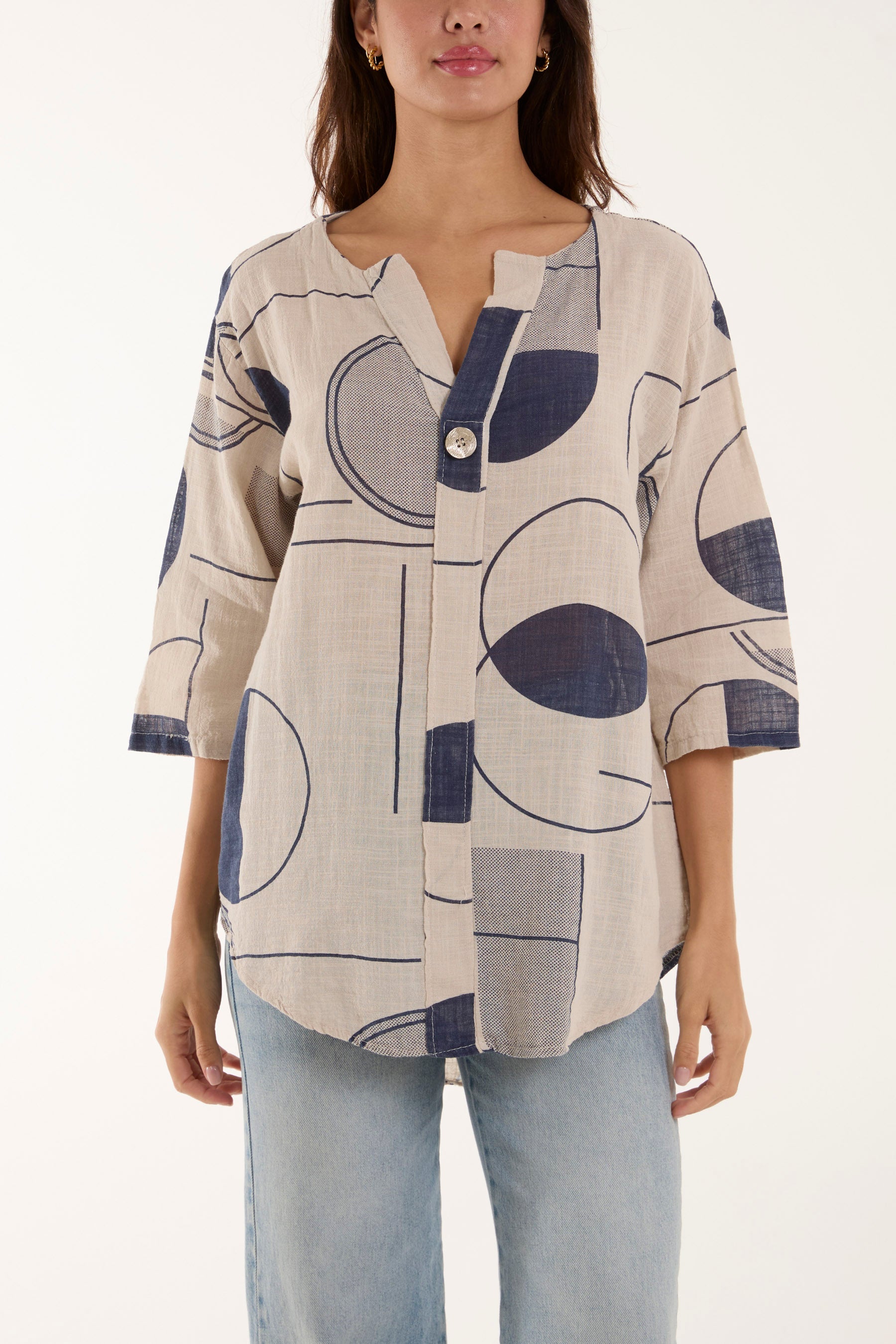 Geometric Shapes Silver Button Top Tops WearAll Beige One Size